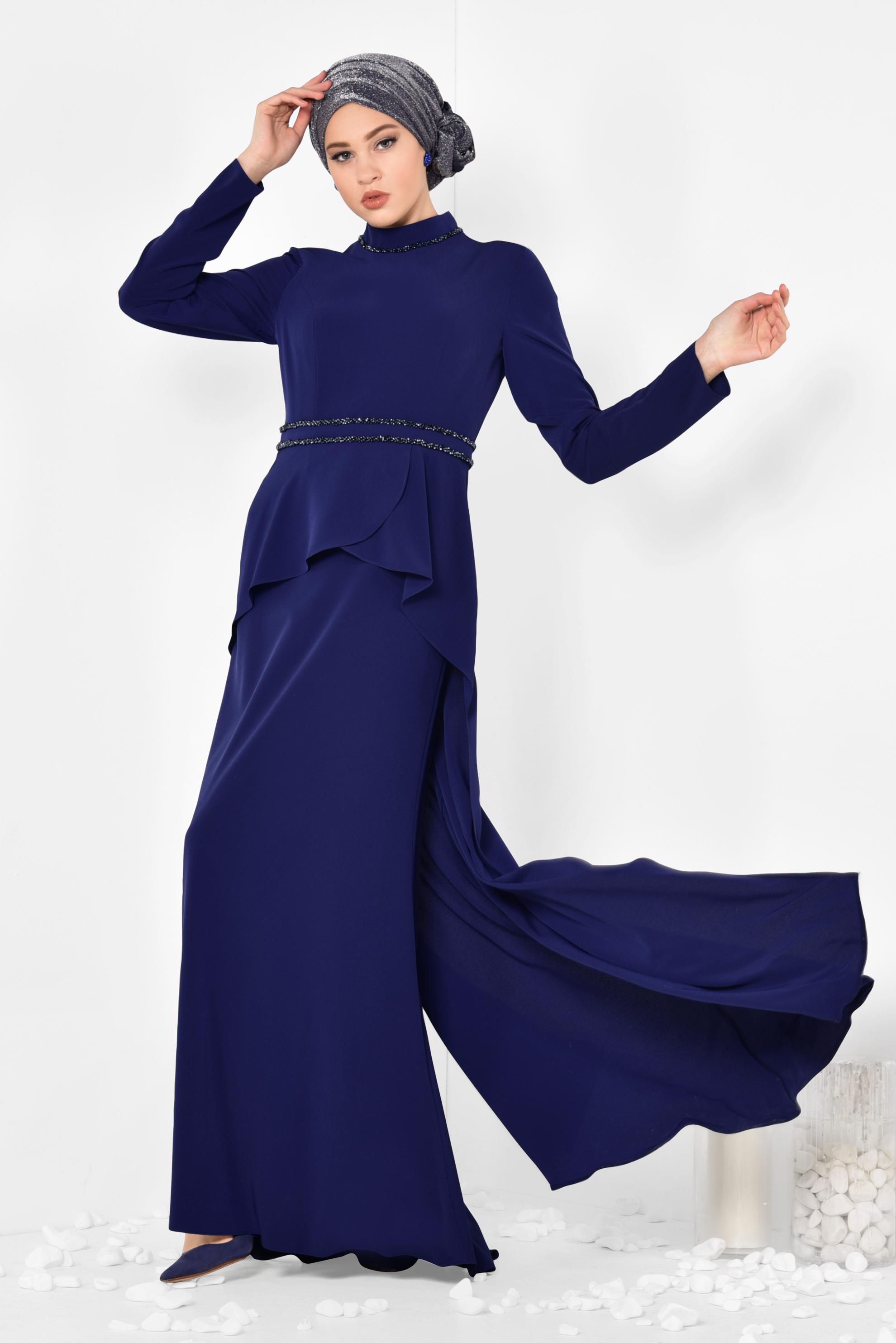 Tesettür giyim LACİVERT KUYRUKLU ABİYE ELBİSE 5564