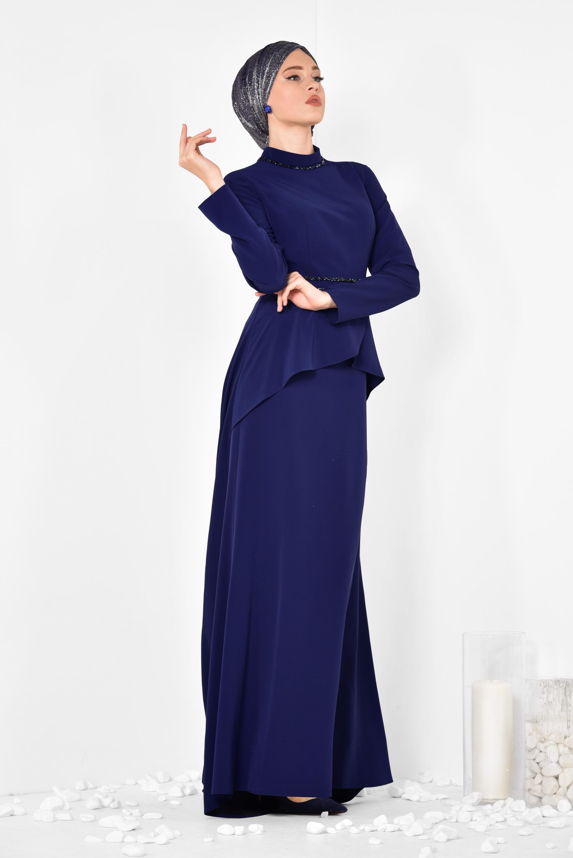 Tesettür giyim LACİVERT KUYRUKLU ABİYE ELBİSE 5564