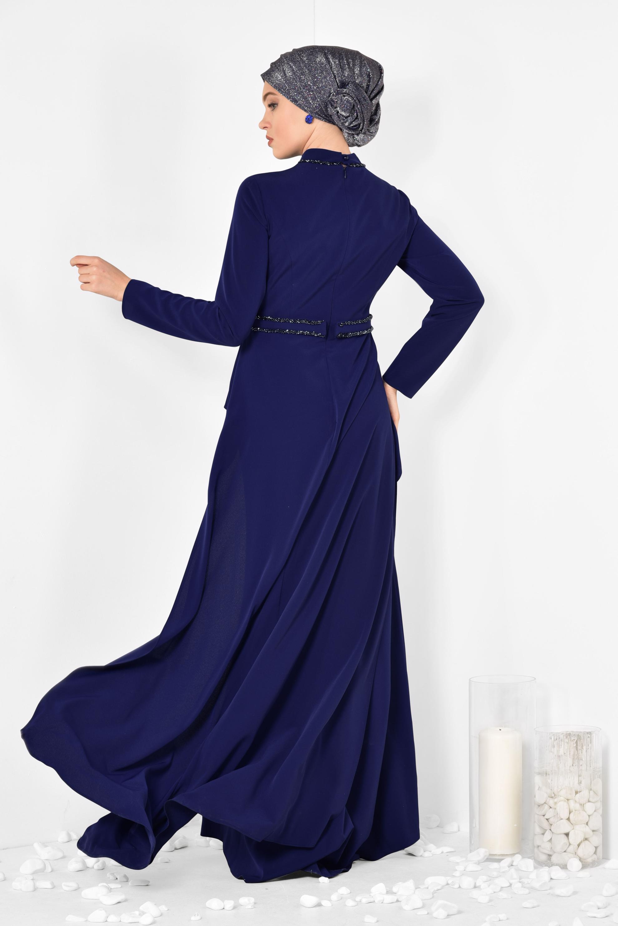 Tesettür giyim LACİVERT KUYRUKLU ABİYE ELBİSE 5564