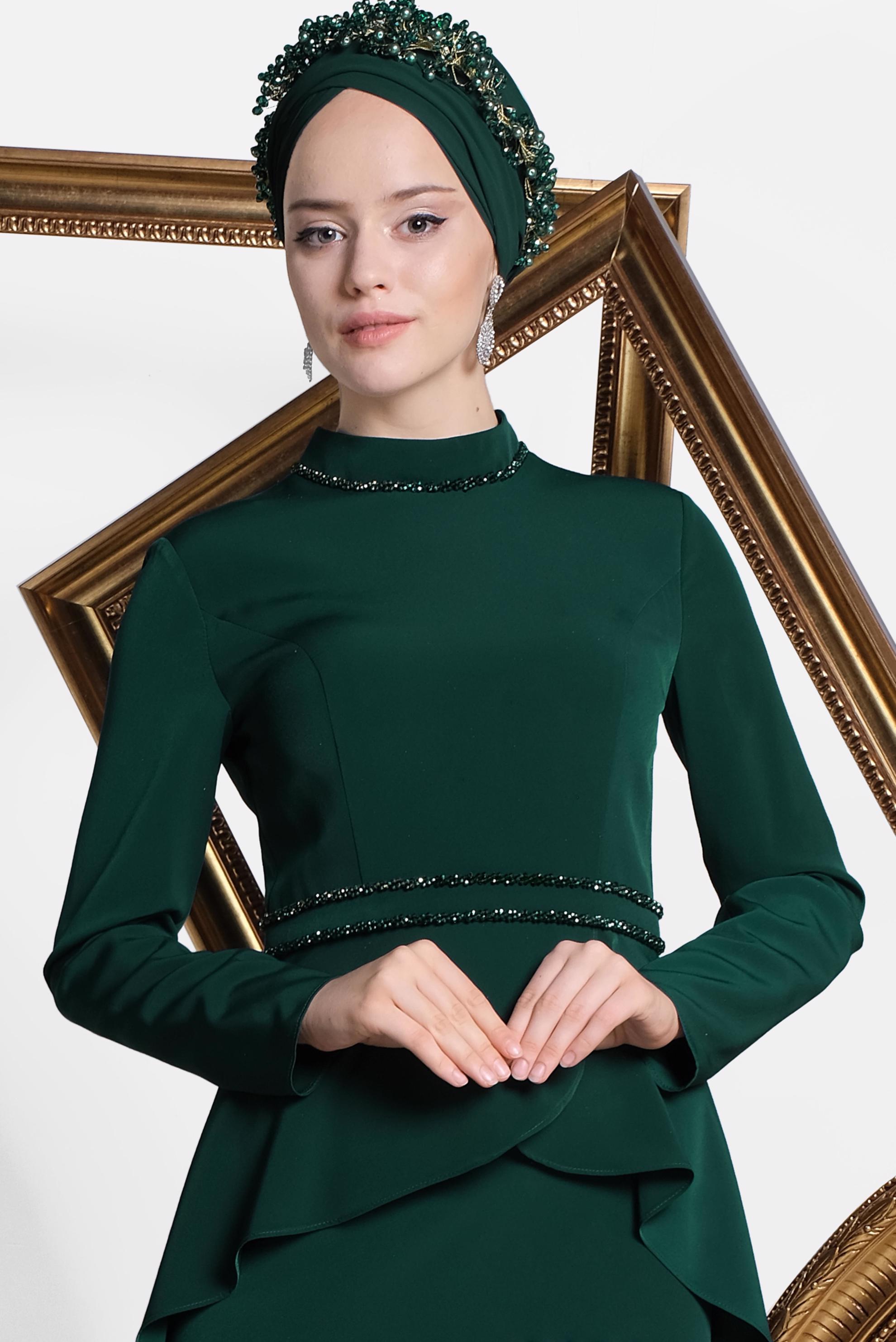 Tesettür giyim YEŞİL KUYRUKLU ABİYE ELBİSE 5564