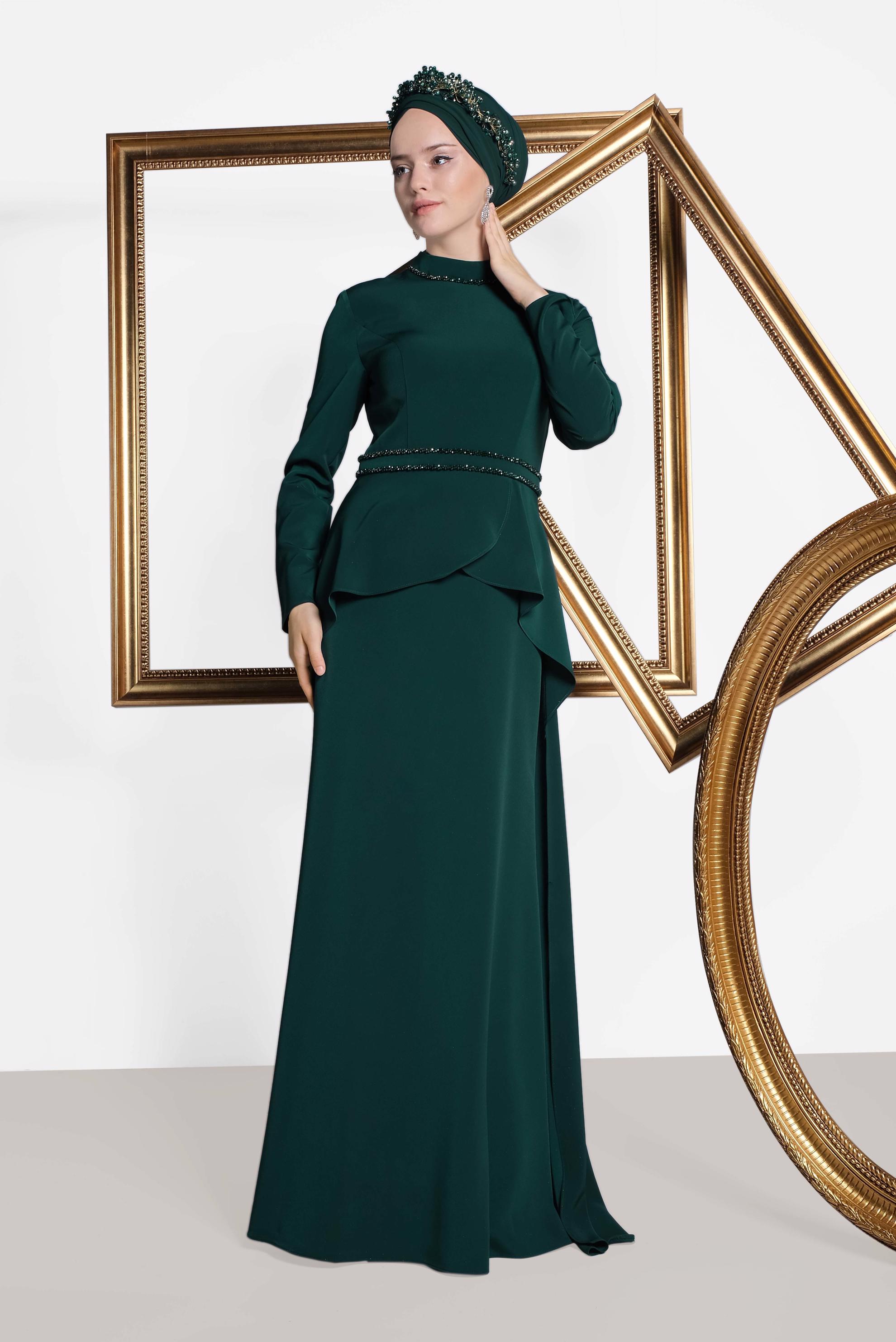 Tesettür giyim YEŞİL KUYRUKLU ABİYE ELBİSE 5564