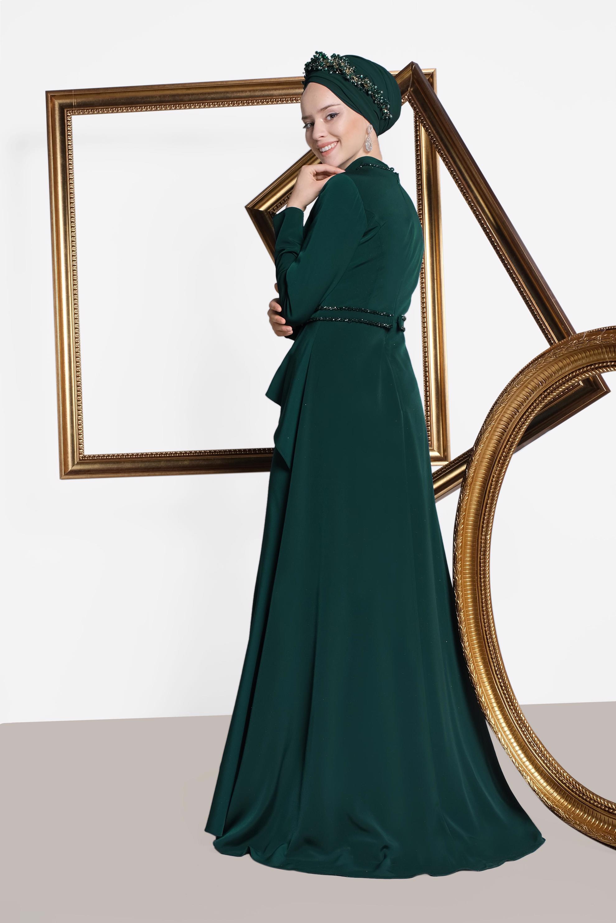 Tesettür giyim YEŞİL KUYRUKLU ABİYE ELBİSE 5564