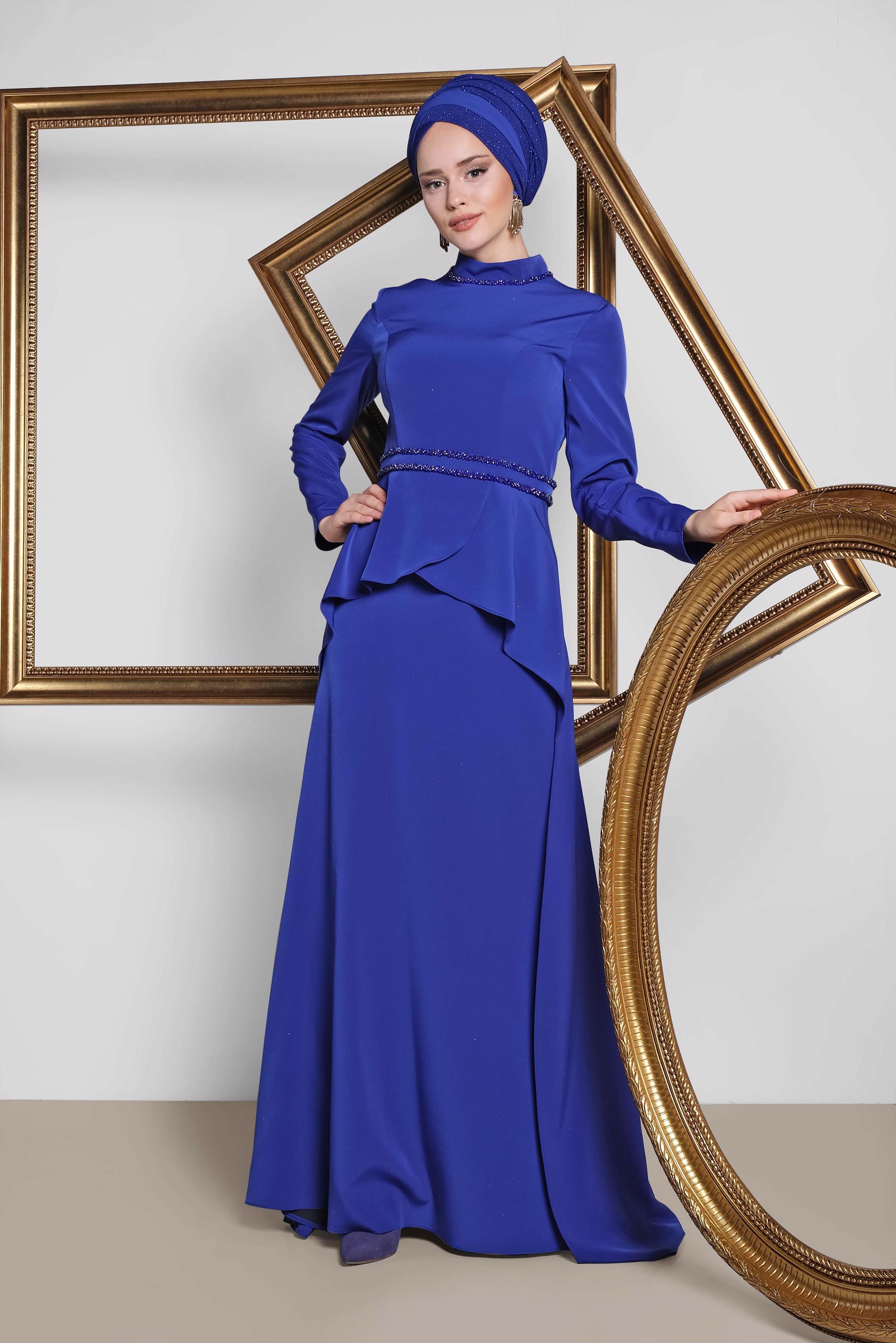 Tesettür giyim MAVİ KUYRUKLU ABİYE ELBİSE 5564