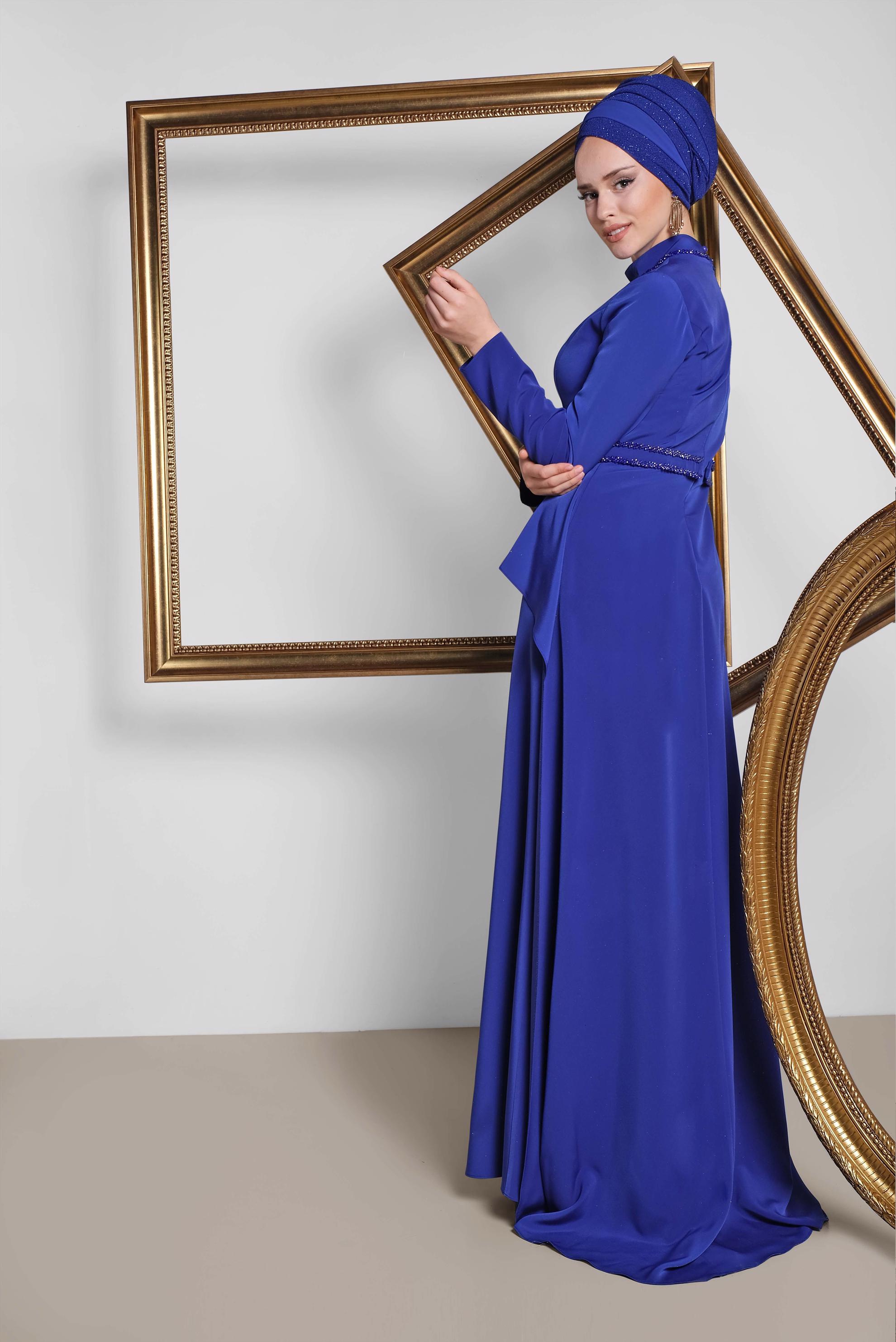 Tesettür giyim MAVİ KUYRUKLU ABİYE ELBİSE 5564
