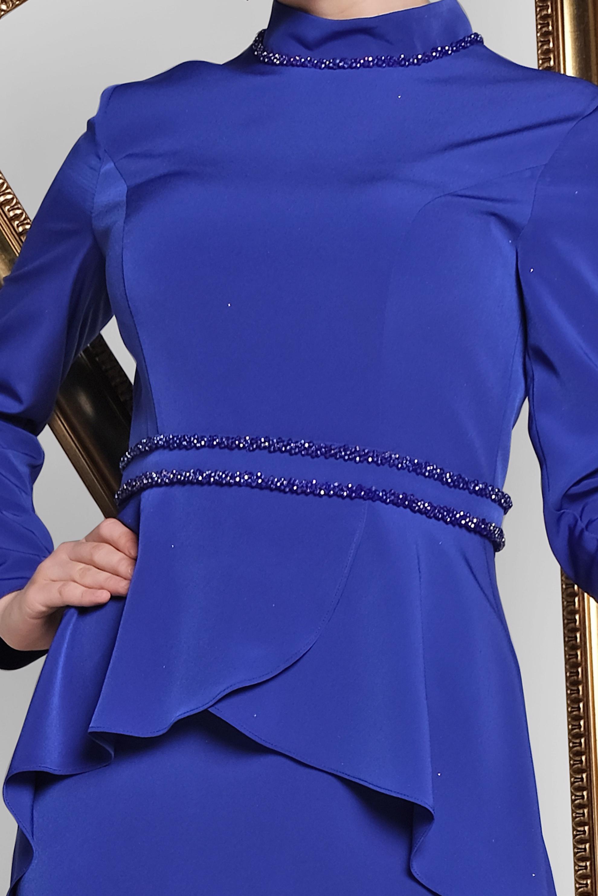 Tesettür giyim MAVİ KUYRUKLU ABİYE ELBİSE 5564