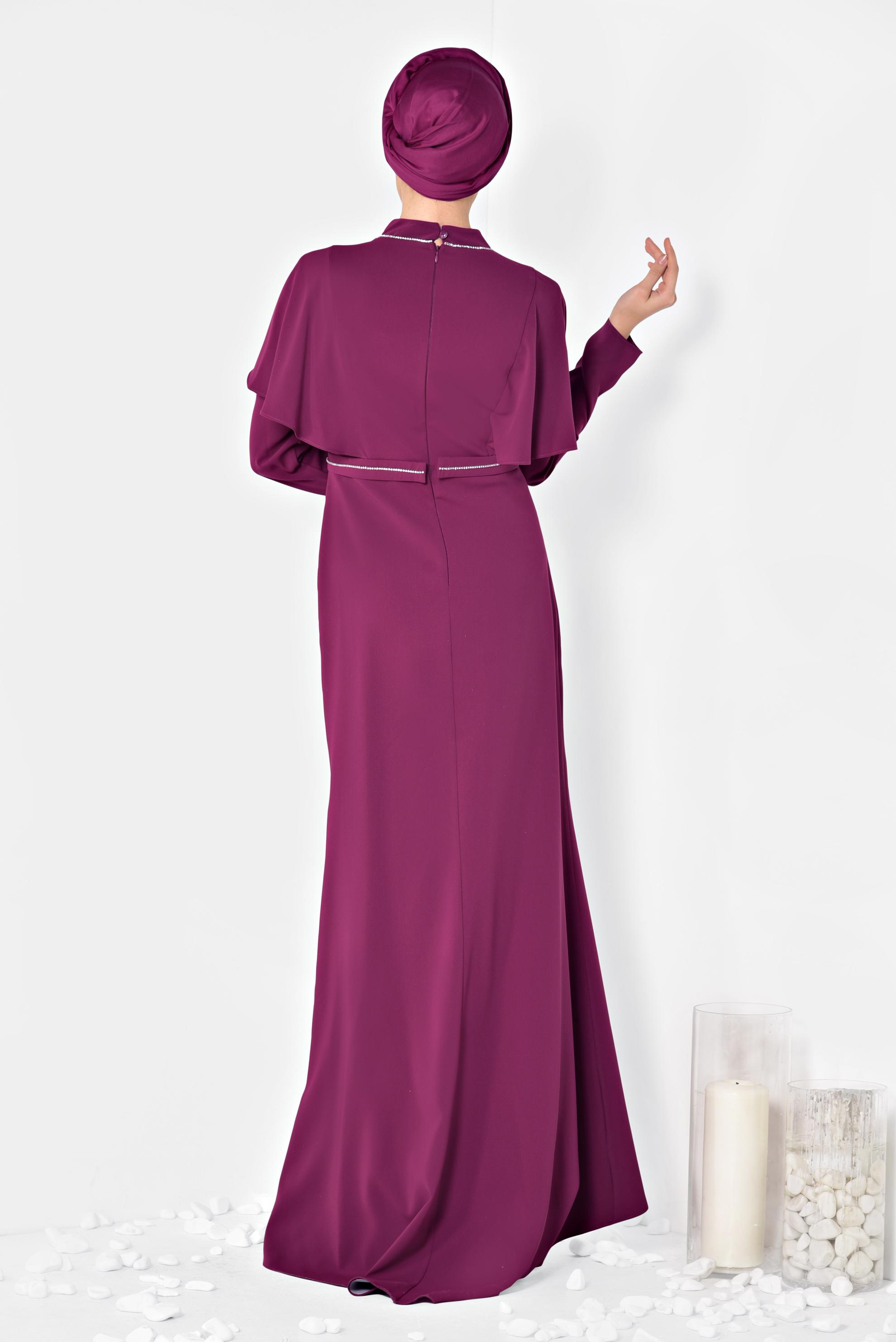 Tesettür giyim FUŞYA OMUZLARI VOLANLI KEMERİ TAŞLI ABİYE ELBİSE 5566