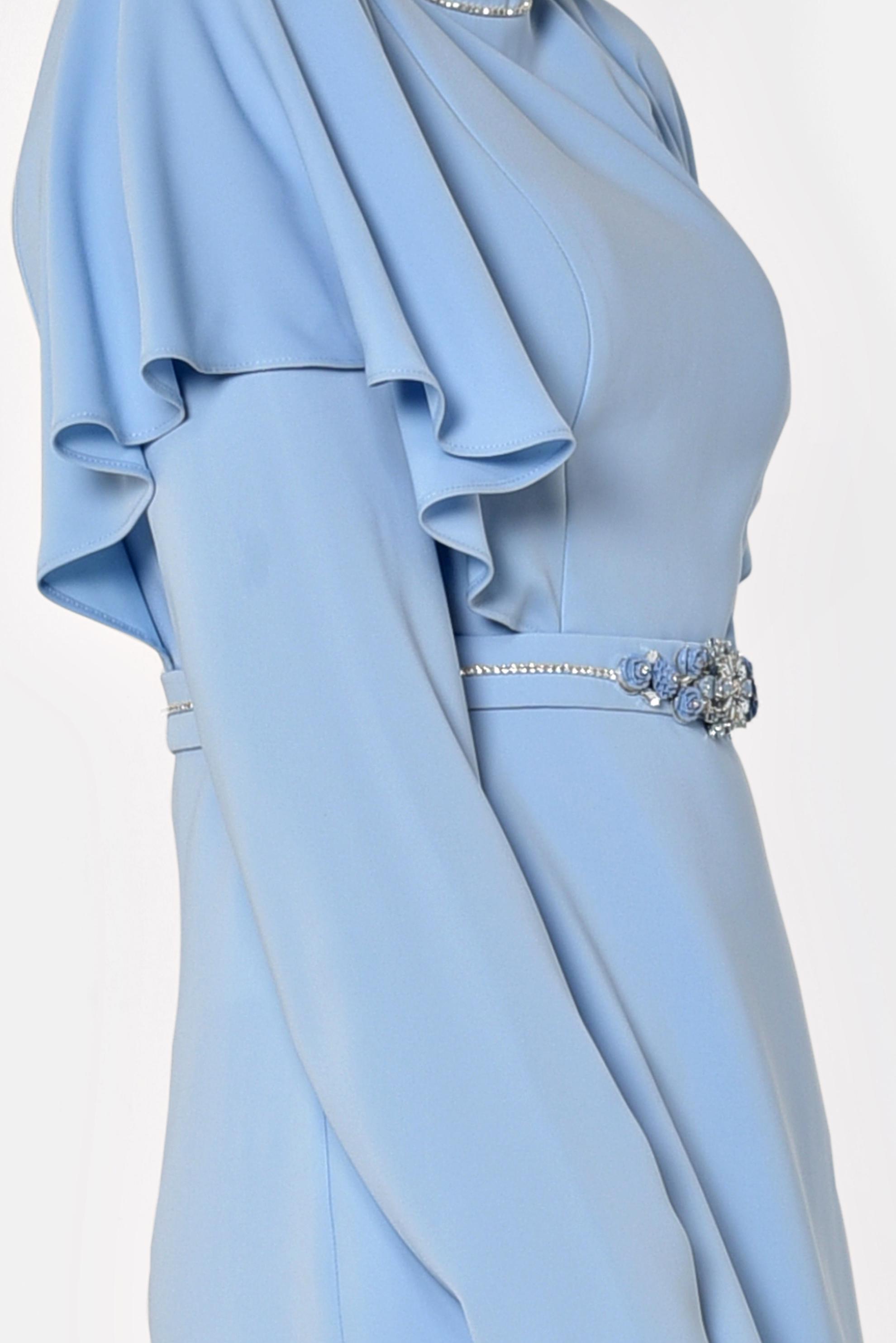 Tesettür giyim MAVİ OMUZLARI VOLANLI KEMERİ TAŞLI ABİYE ELBİSE 5566