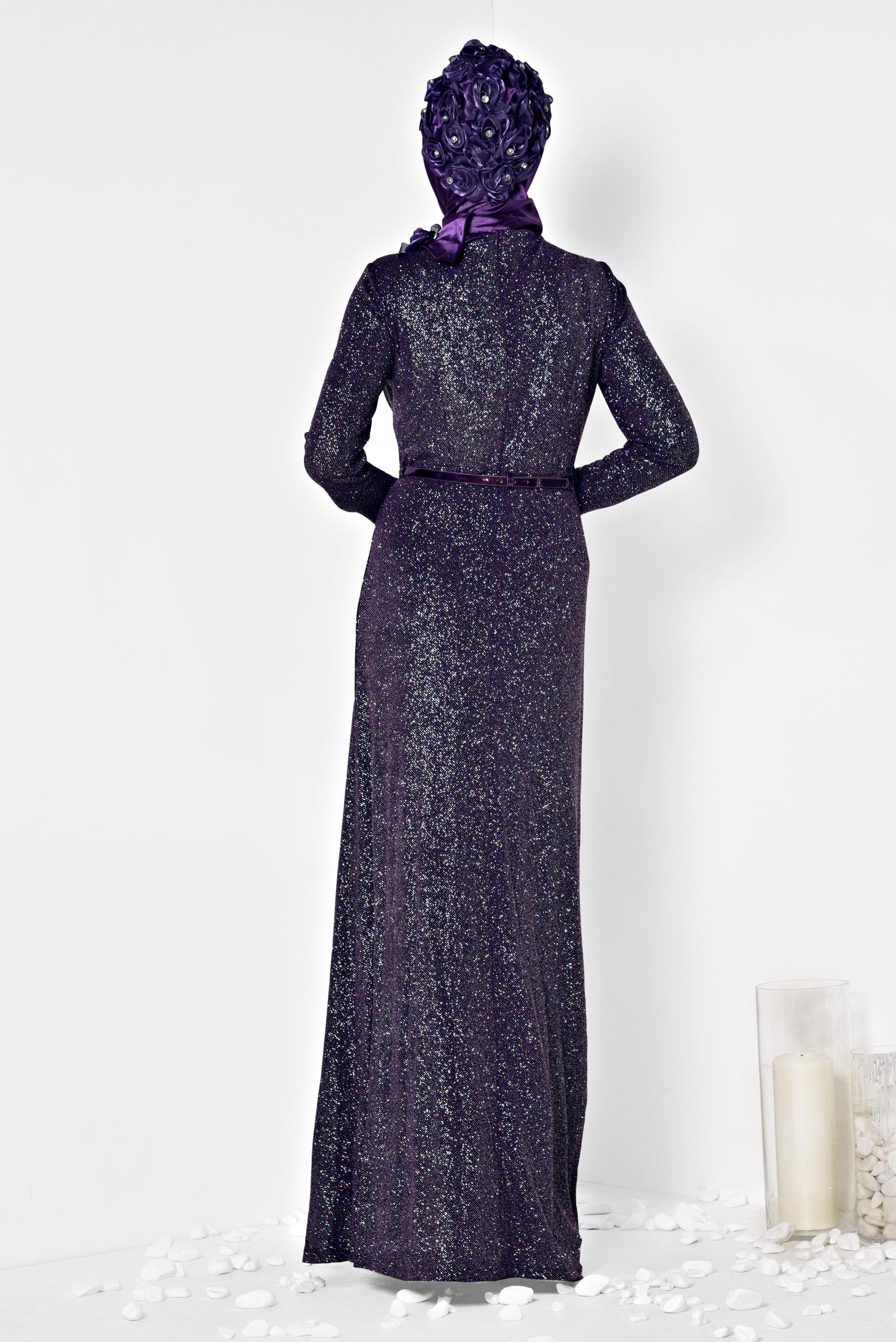 Tesettür giyim MÜRDÜM DRAPELİ SİMLİ KUMAŞ ABİYE ELBİSE 5567 