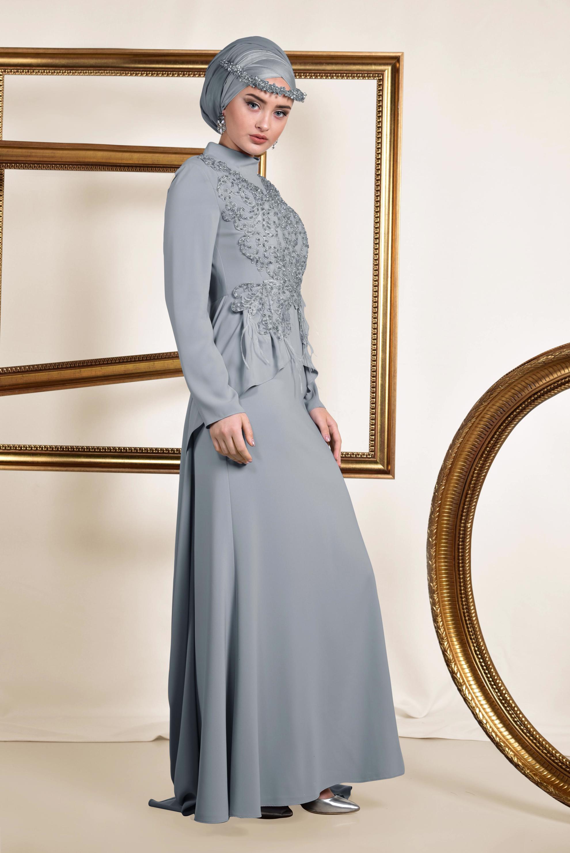 Tesettür giyim GRİ GÜPÜR İŞLEMELİ PELERİN GÖRÜNÜMLÜ ABİYE ELBİSE 5568 