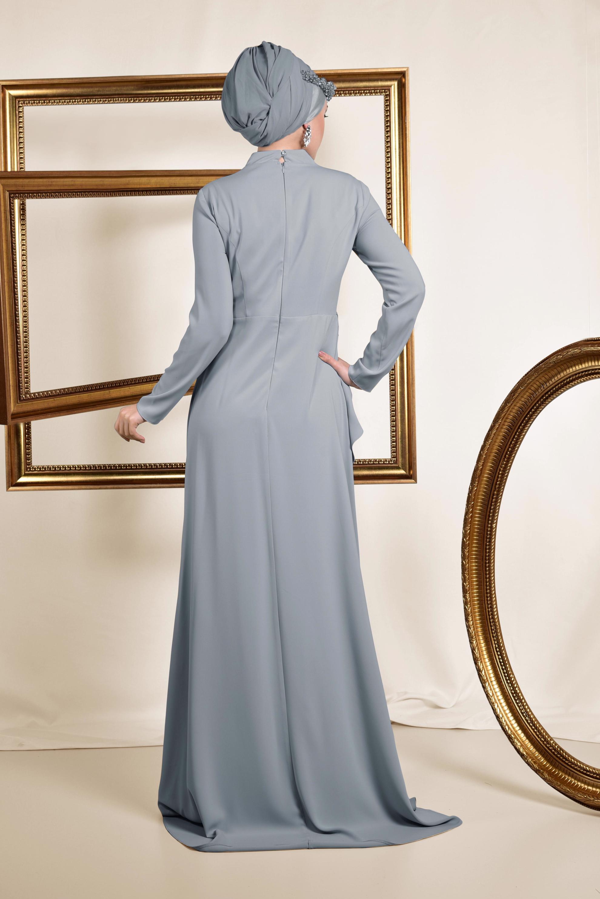 Tesettür giyim GRİ GÜPÜR İŞLEMELİ PELERİN GÖRÜNÜMLÜ ABİYE ELBİSE 5568 