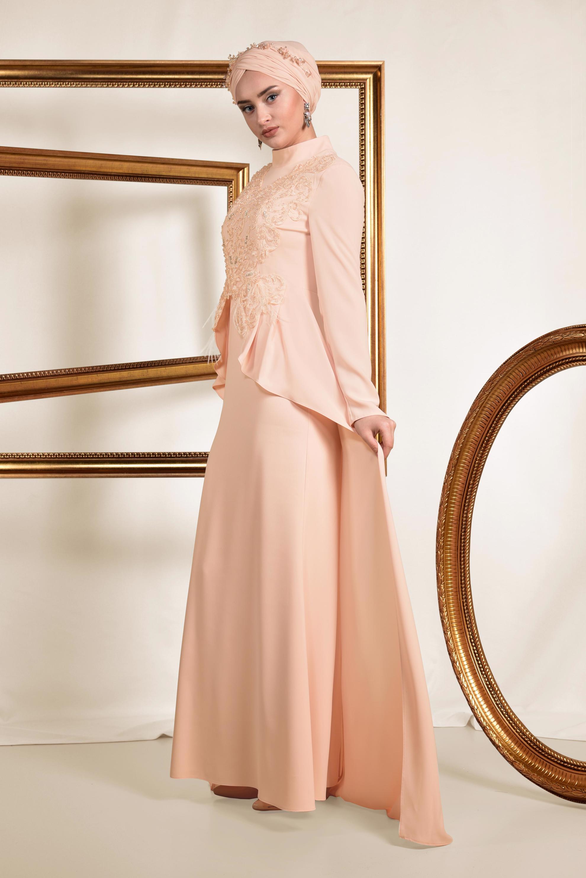 Tesettür giyim PUDRA GÜPÜR İŞLEMELİ PELERİN GÖRÜNÜMLÜ ABİYE ELBİSE 5568 