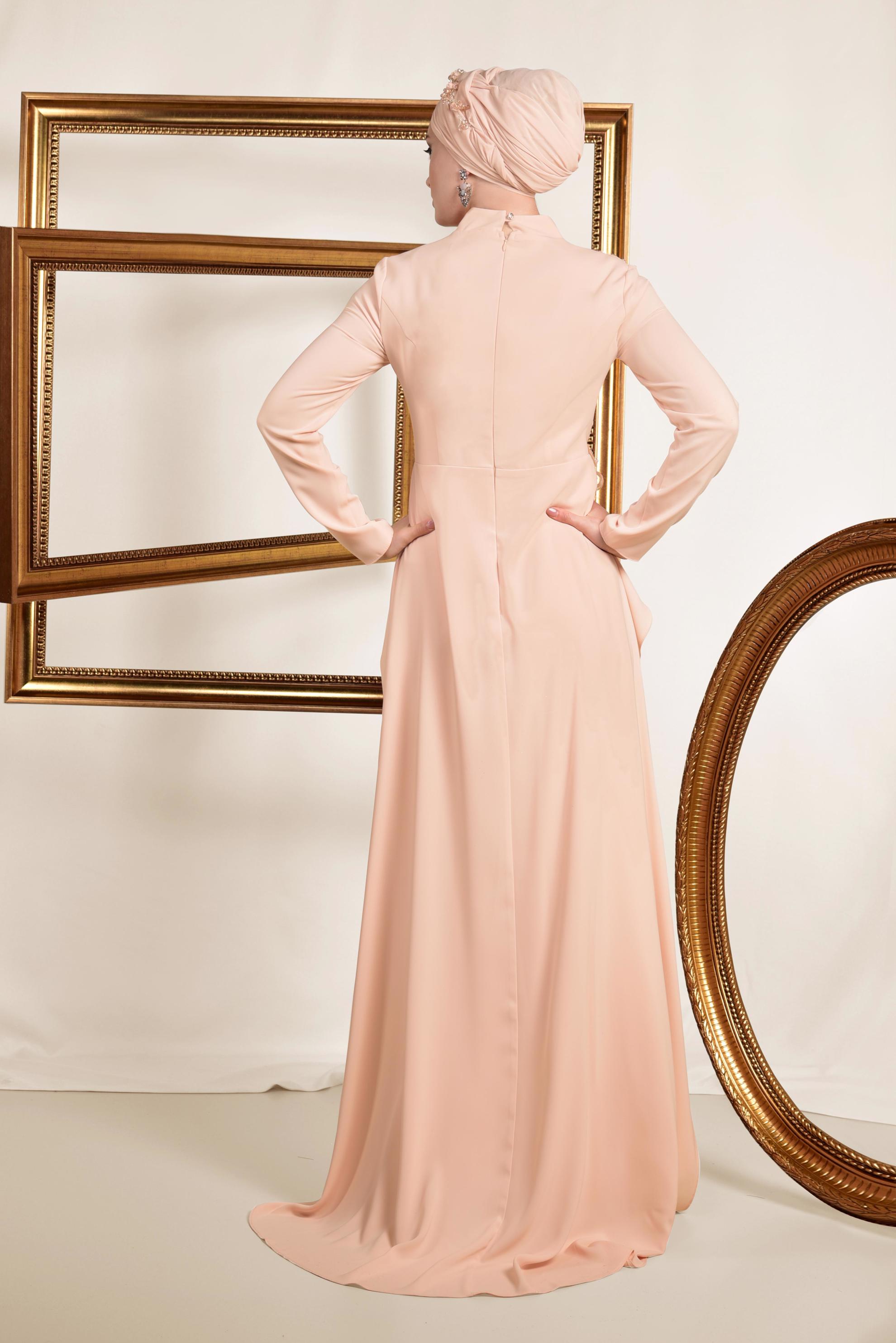 Tesettür giyim PUDRA GÜPÜR İŞLEMELİ PELERİN GÖRÜNÜMLÜ ABİYE ELBİSE 5568 