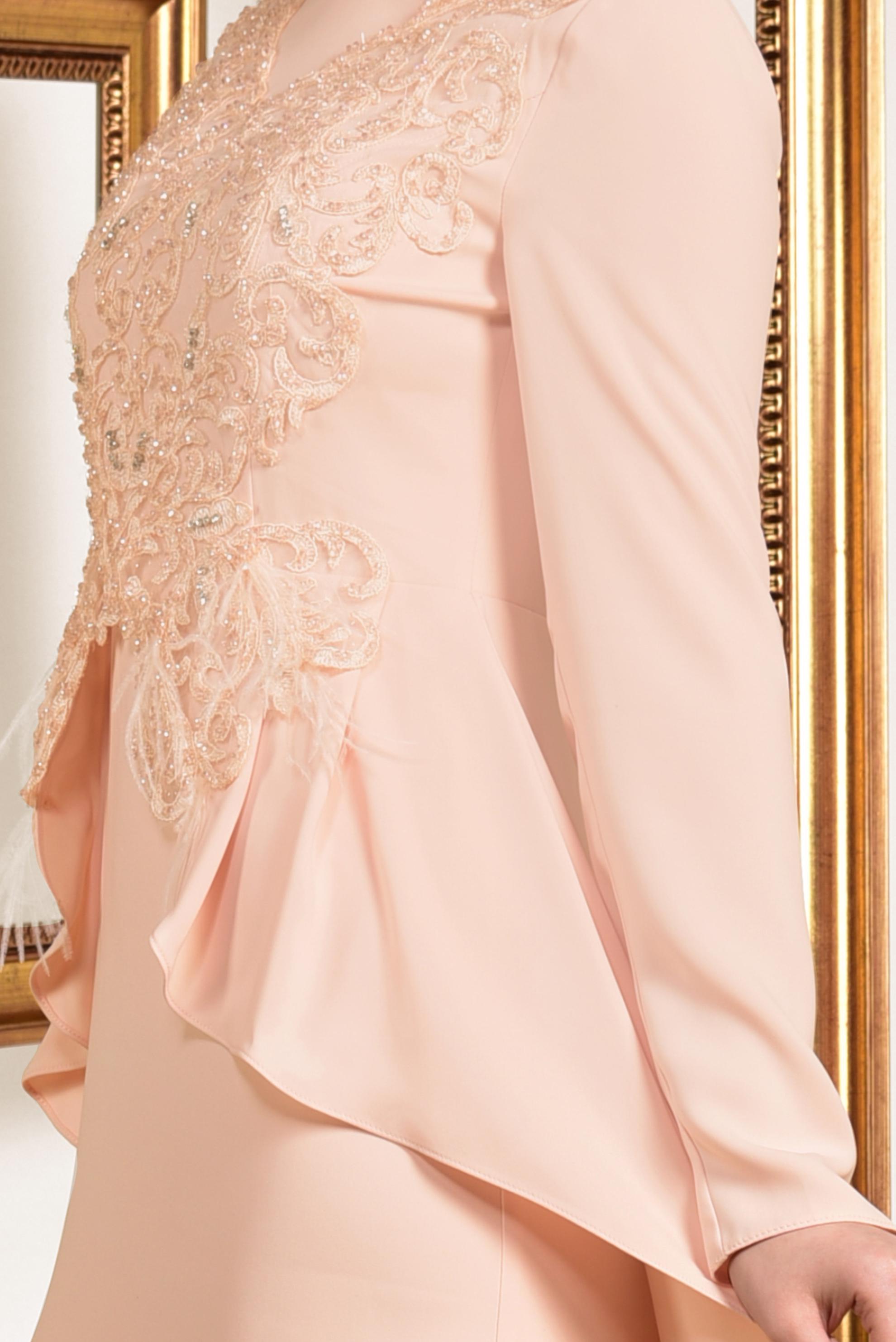 Tesettür giyim PUDRA GÜPÜR İŞLEMELİ PELERİN GÖRÜNÜMLÜ ABİYE ELBİSE 5568 