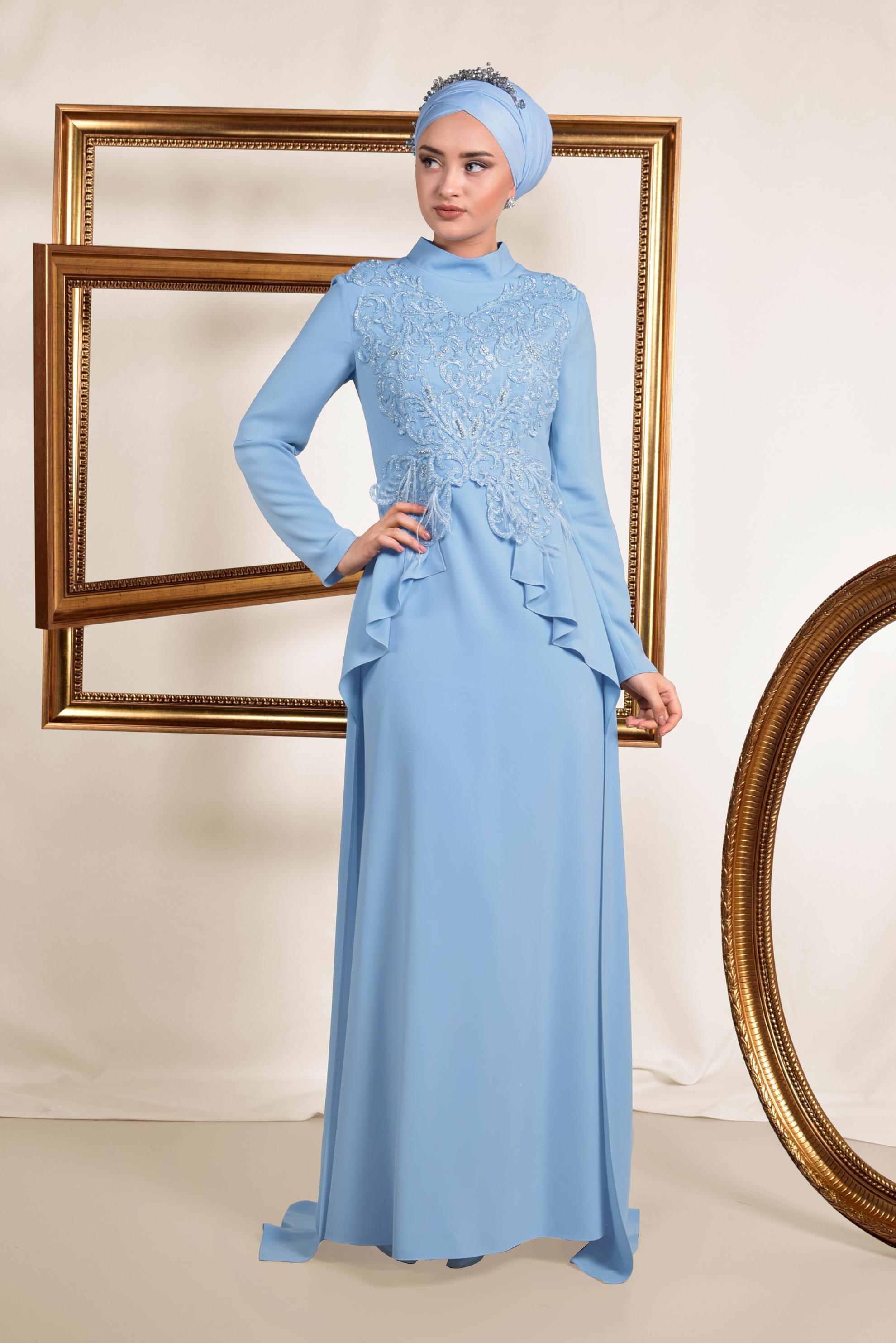 Tesettür giyim MAVİ GÜPÜR İŞLEMELİ PELERİN GÖRÜNÜMLÜ ABİYE ELBİSE 5568 