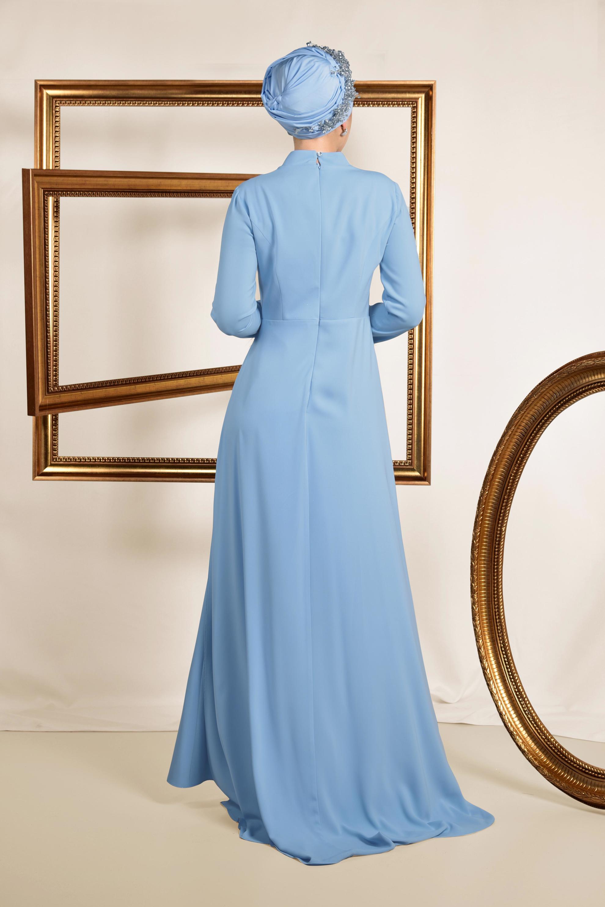 Tesettür giyim MAVİ GÜPÜR İŞLEMELİ PELERİN GÖRÜNÜMLÜ ABİYE ELBİSE 5568 