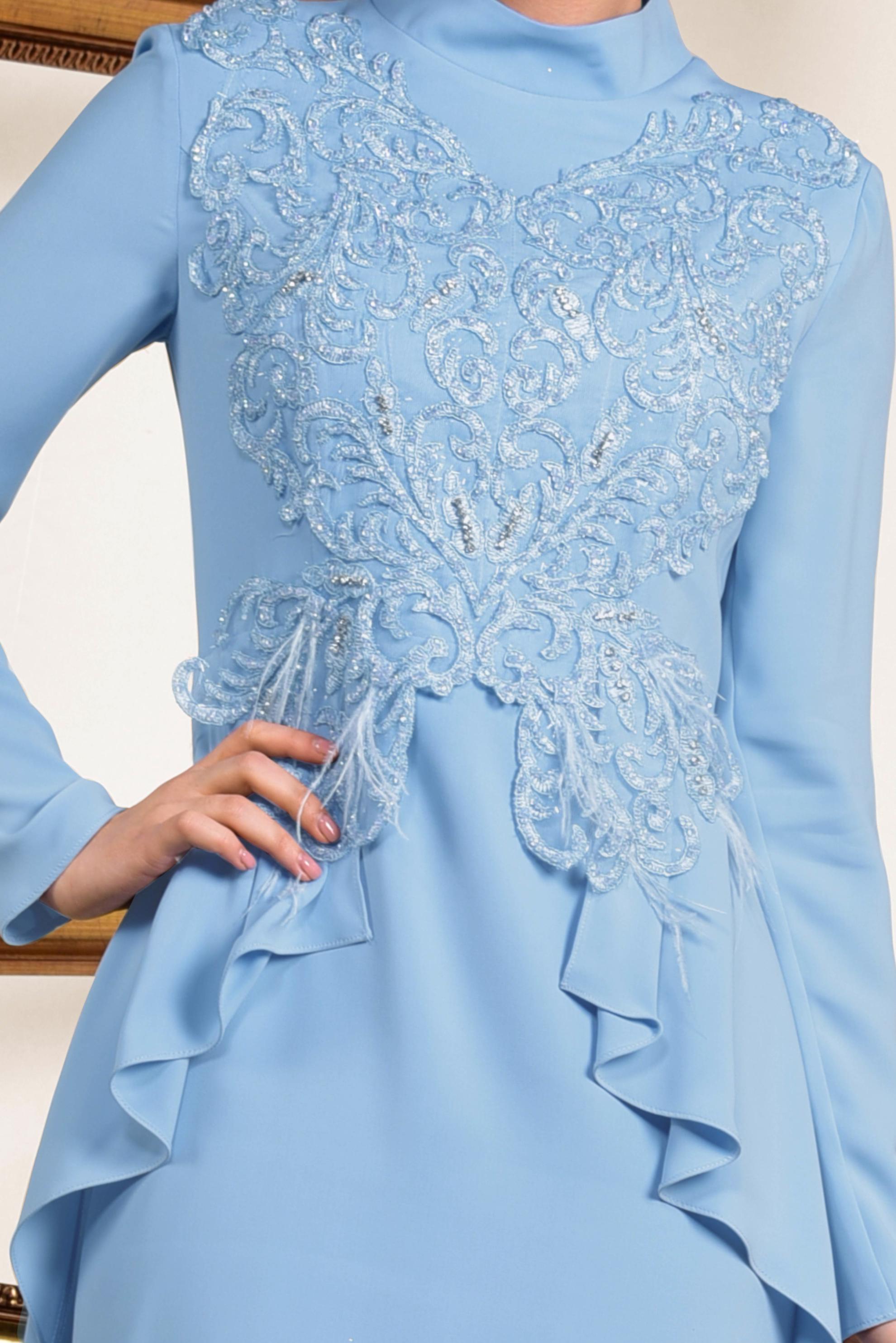 Tesettür giyim MAVİ GÜPÜR İŞLEMELİ PELERİN GÖRÜNÜMLÜ ABİYE ELBİSE 5568 