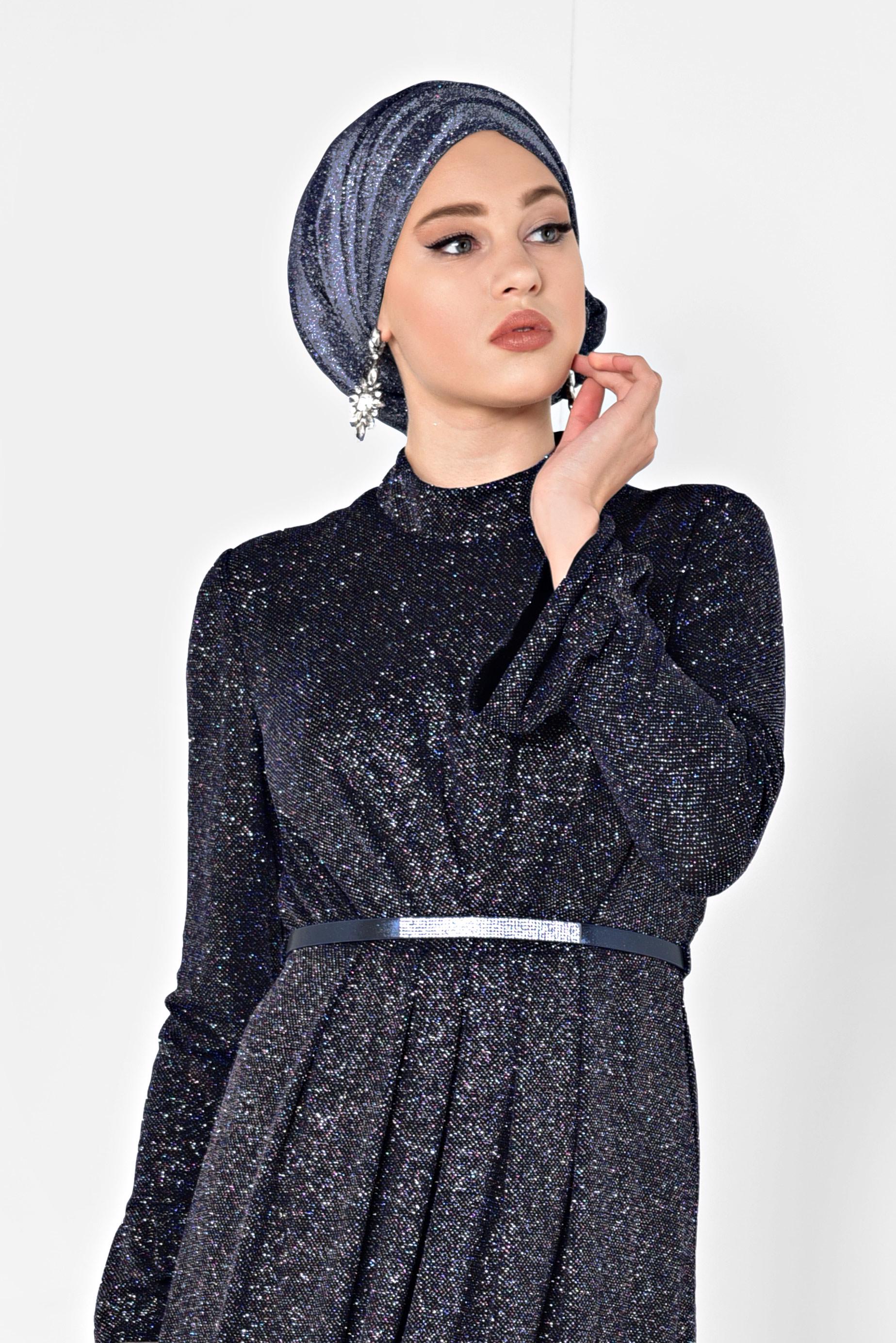 Tesettür giyim LACİVERT KOLLARI VOLANLI KEMERLİ SİMLİ ABİYE ELBİSE 5569