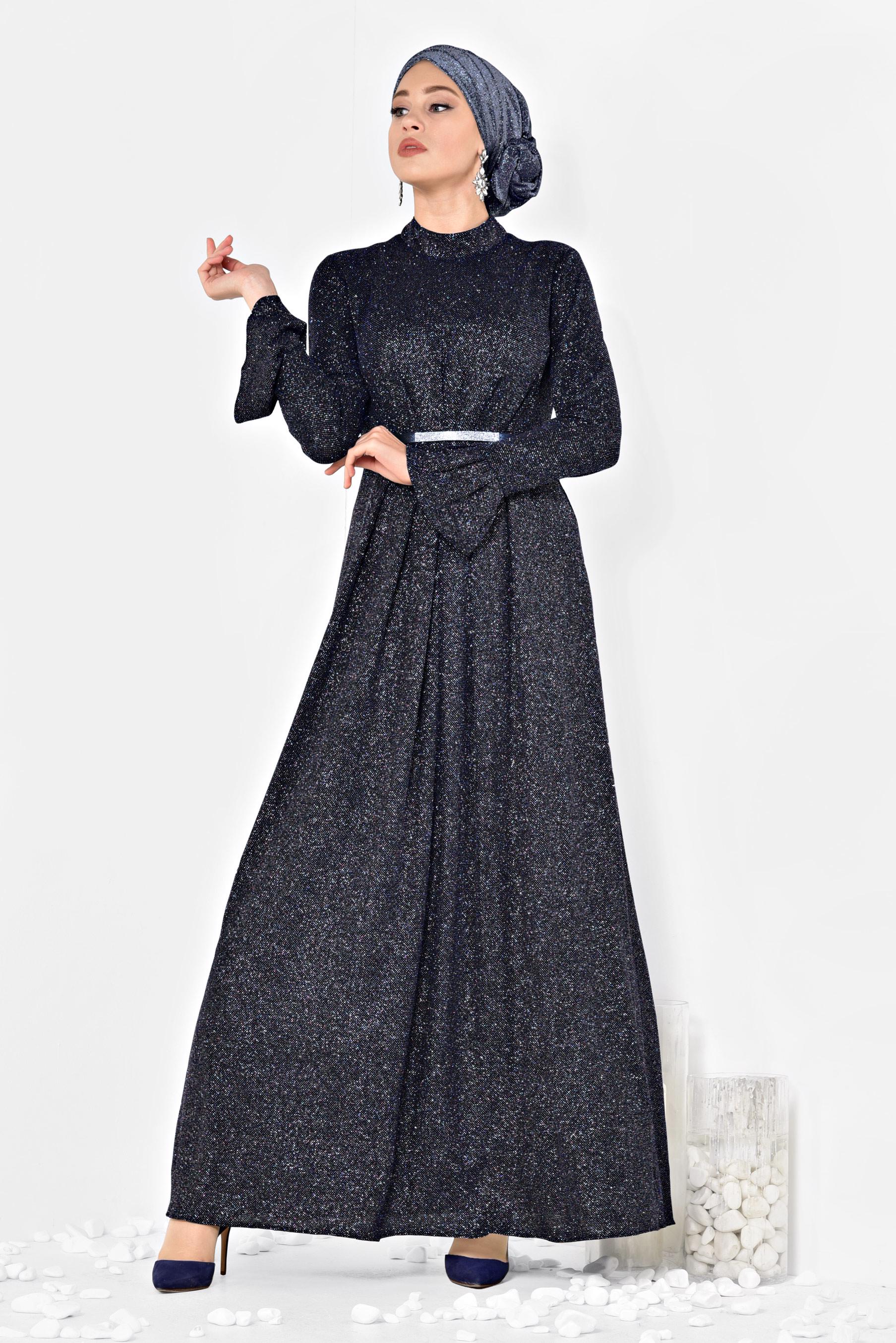 Tesettür giyim LACİVERT KOLLARI VOLANLI KEMERLİ SİMLİ ABİYE ELBİSE 5569