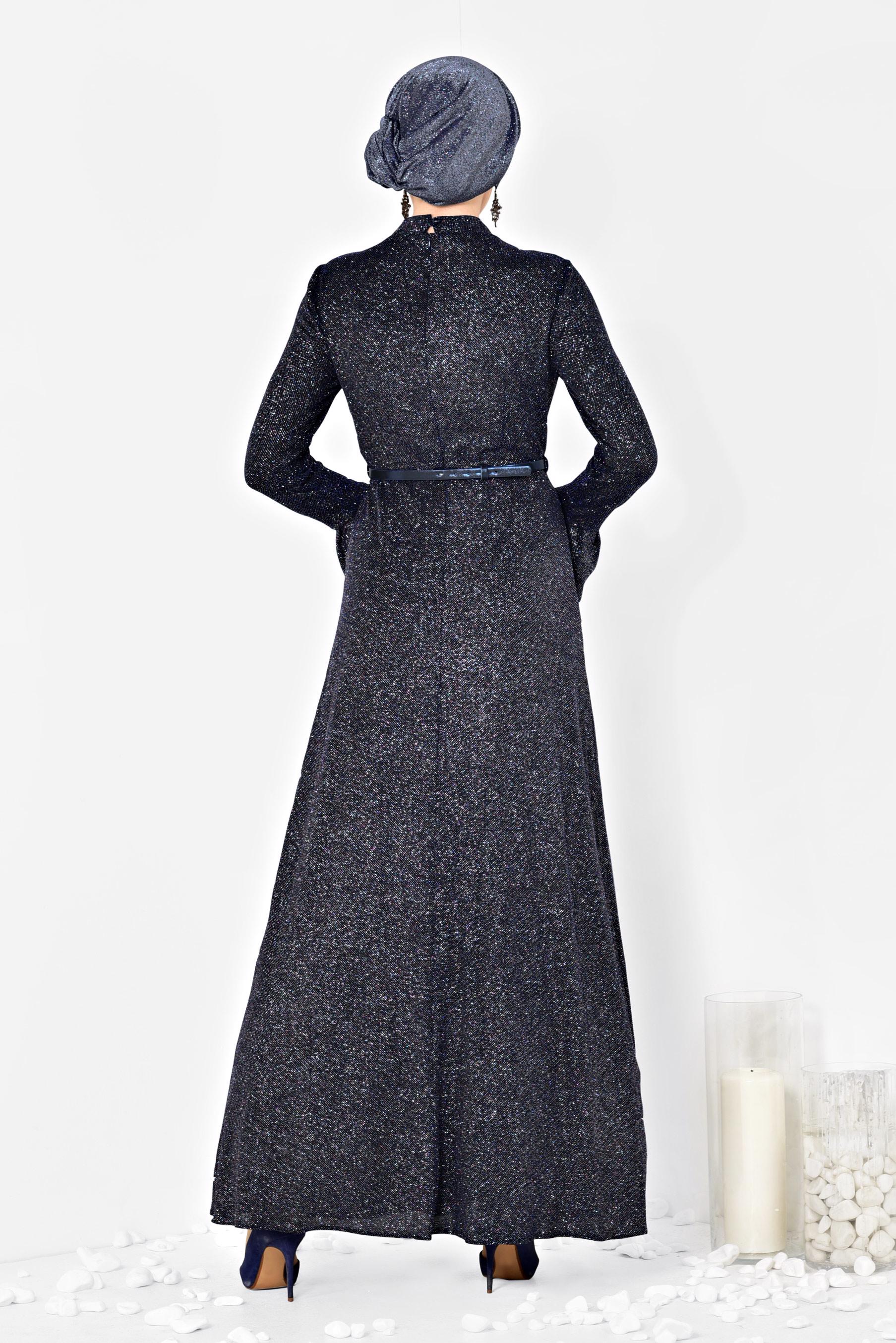 Tesettür giyim LACİVERT KOLLARI VOLANLI KEMERLİ SİMLİ ABİYE ELBİSE 5569