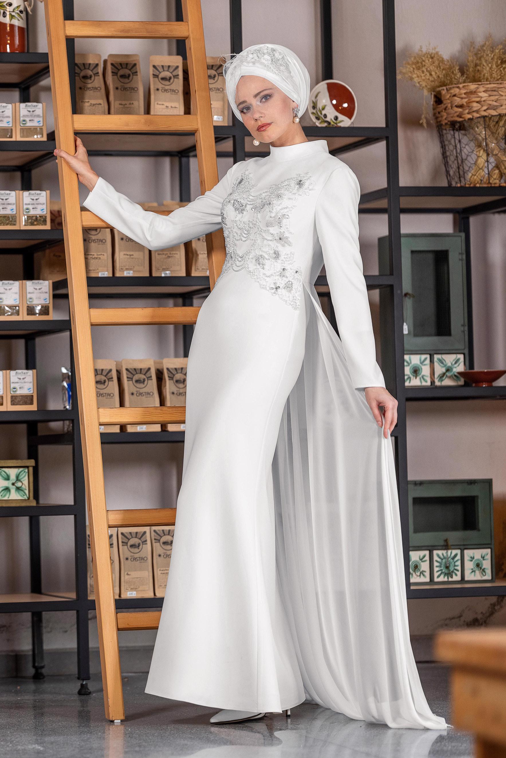 Tesettür giyim BEYAZ ARKASI TÜL DETAYLI İŞLEMELİ ABİYE 5570 