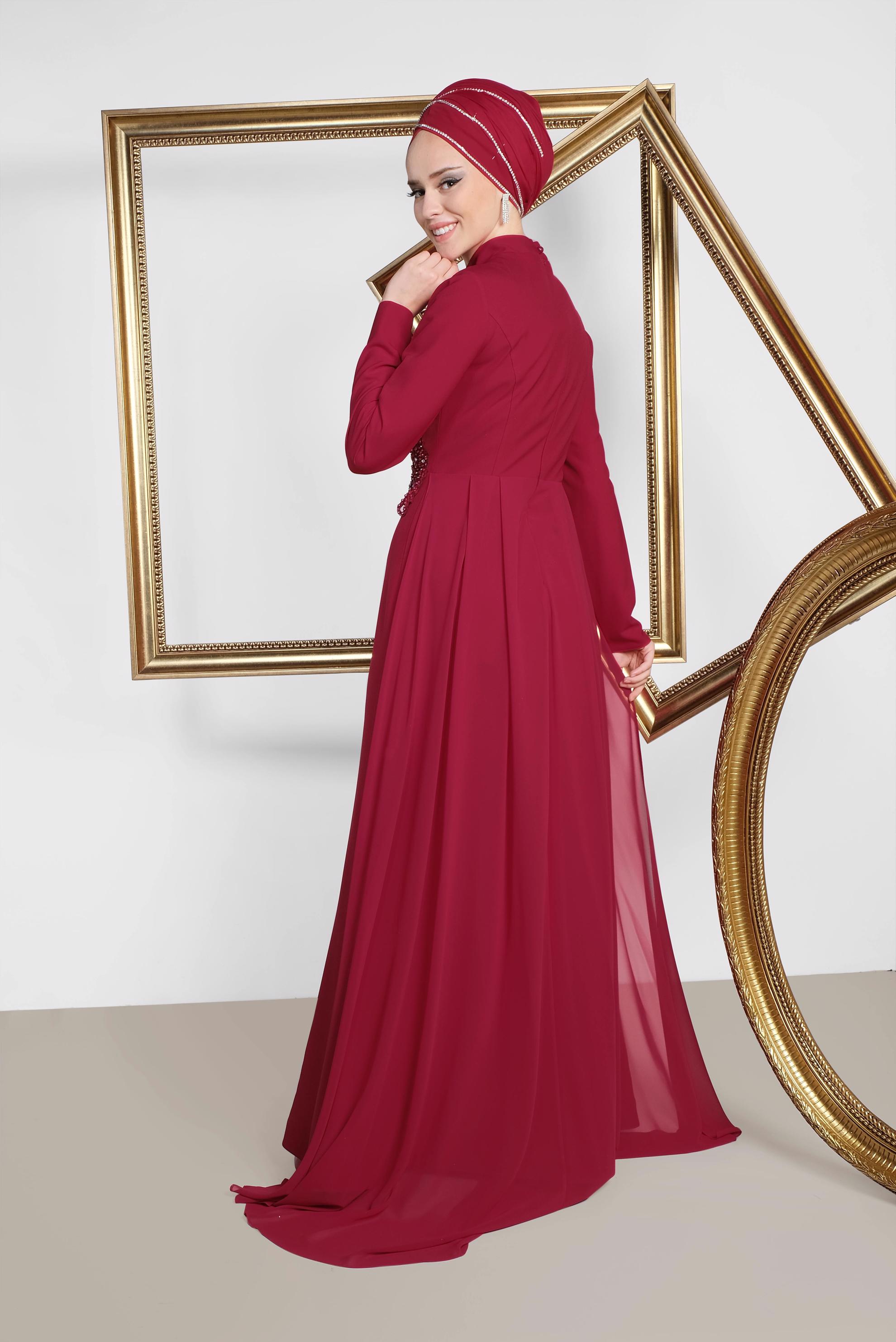 Tesettür giyim BORDO ARKASI TÜL DETAYLI İŞLEMELİ ABİYE 5570 