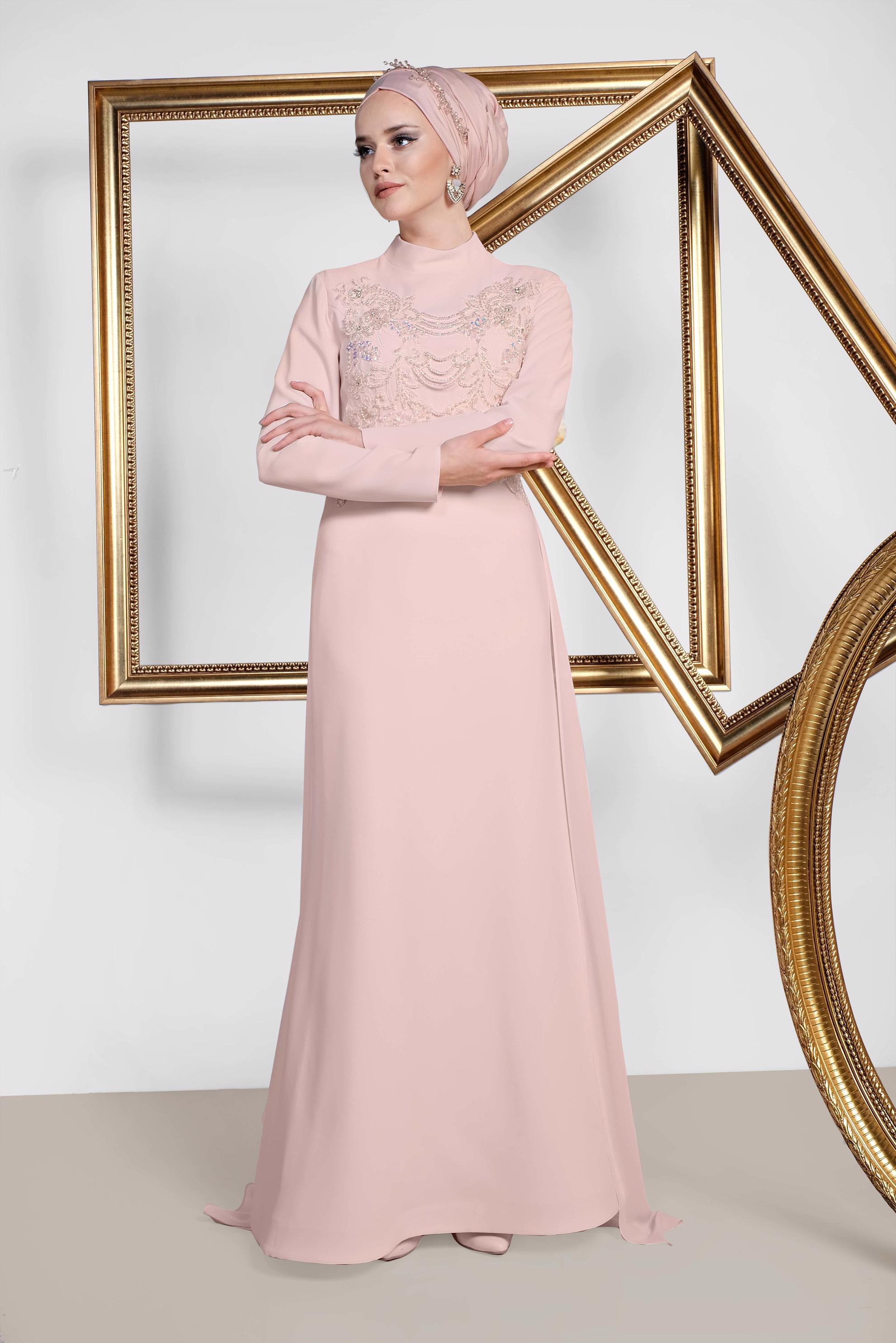 Tesettür giyim PUDRA ARKASI TÜL DETAYLI İŞLEMELİ ABİYE 5570