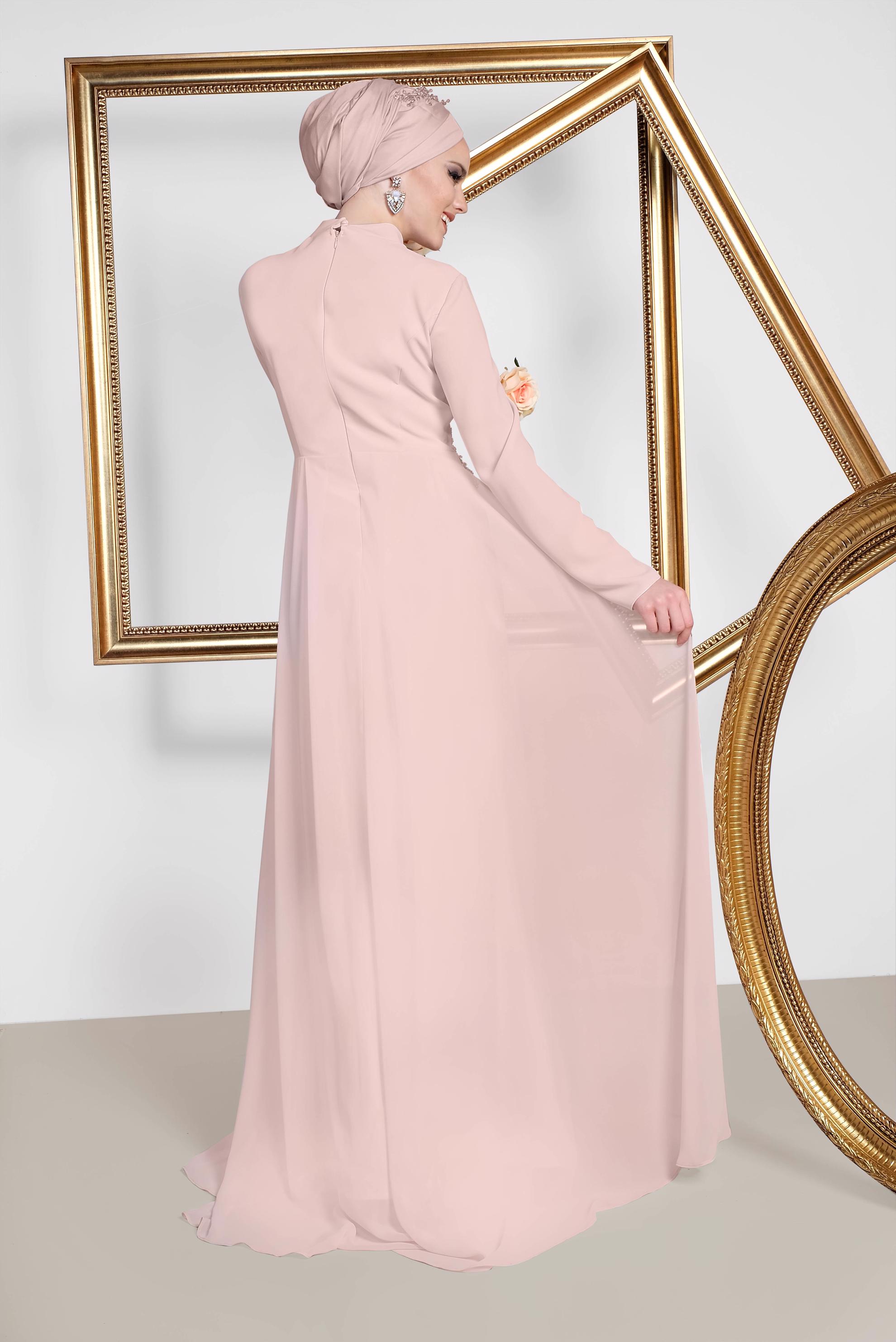 Tesettür giyim PUDRA ARKASI TÜL DETAYLI İŞLEMELİ ABİYE 5570