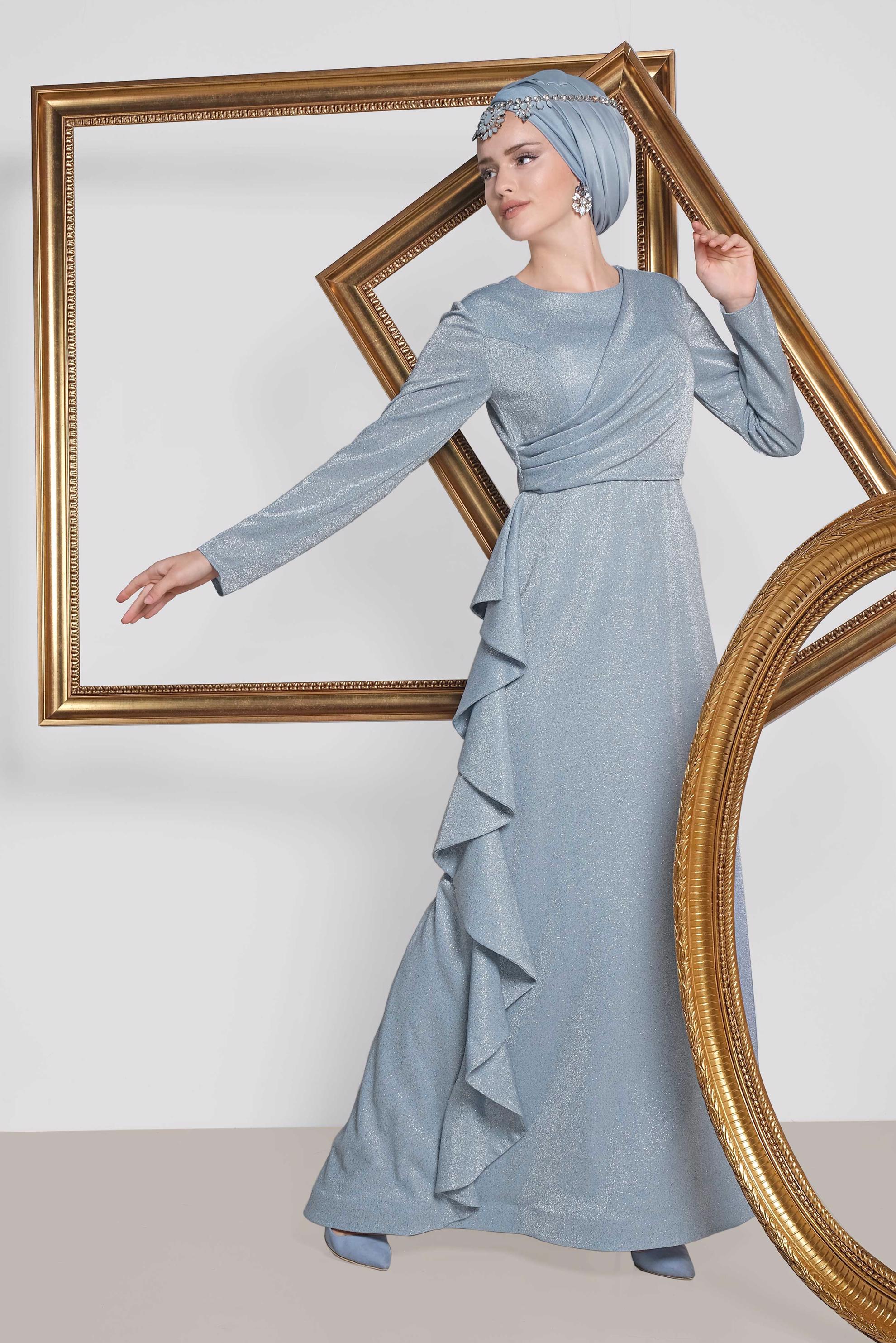 Tesettür giyim MAVİ YANI FIRFIRLI SİMLİ ABİYE ELBİSE 5576