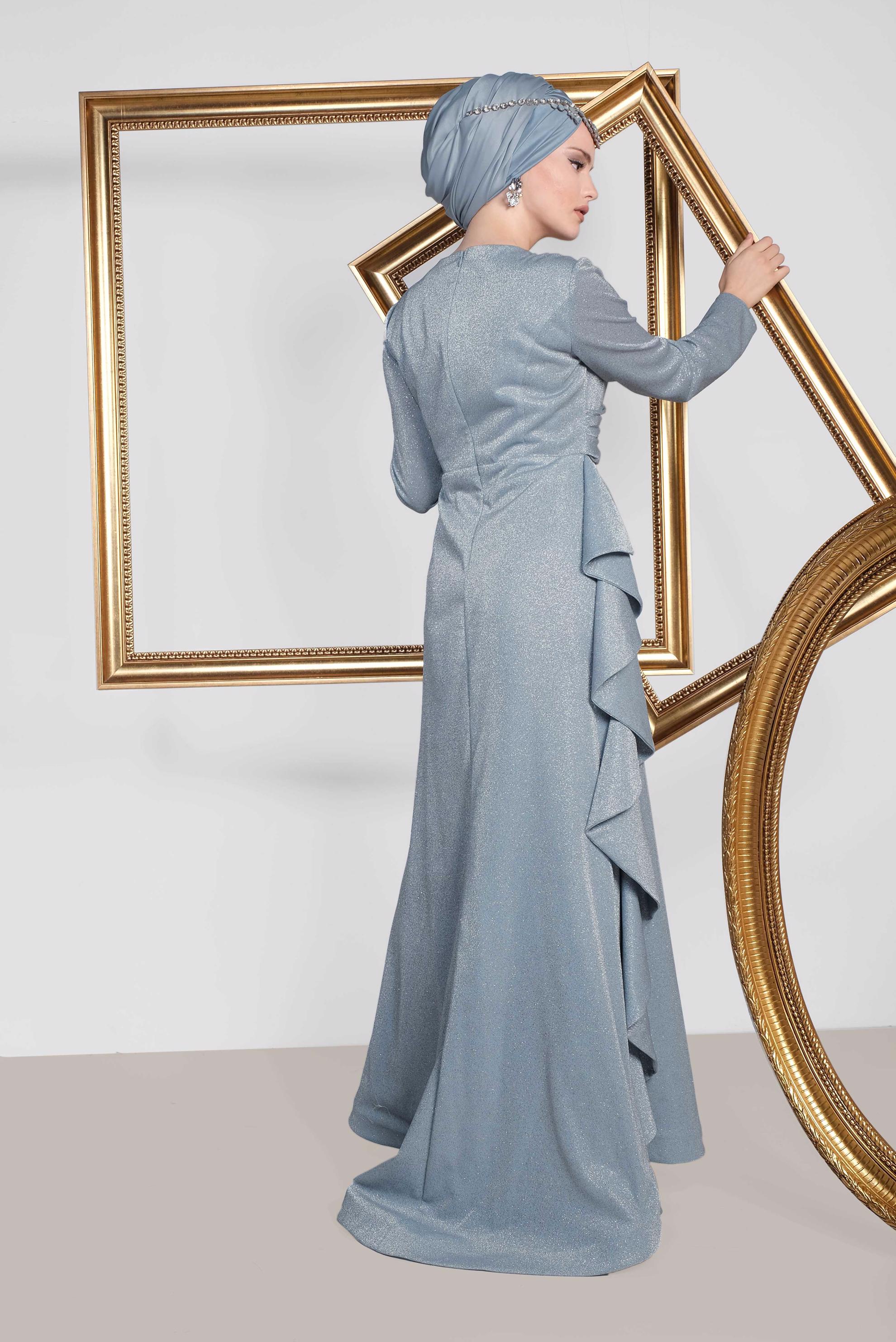 Tesettür giyim MAVİ YANI FIRFIRLI SİMLİ ABİYE ELBİSE 5576