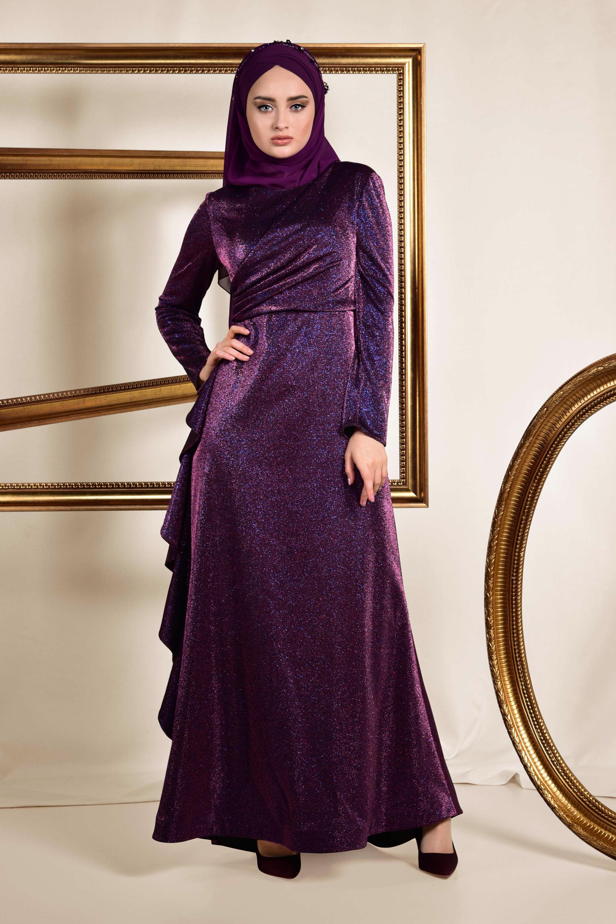 Tesettür giyim MÜRDÜM YANI FIRFIRLI SİMLİ ABİYE ELBİSE 5576