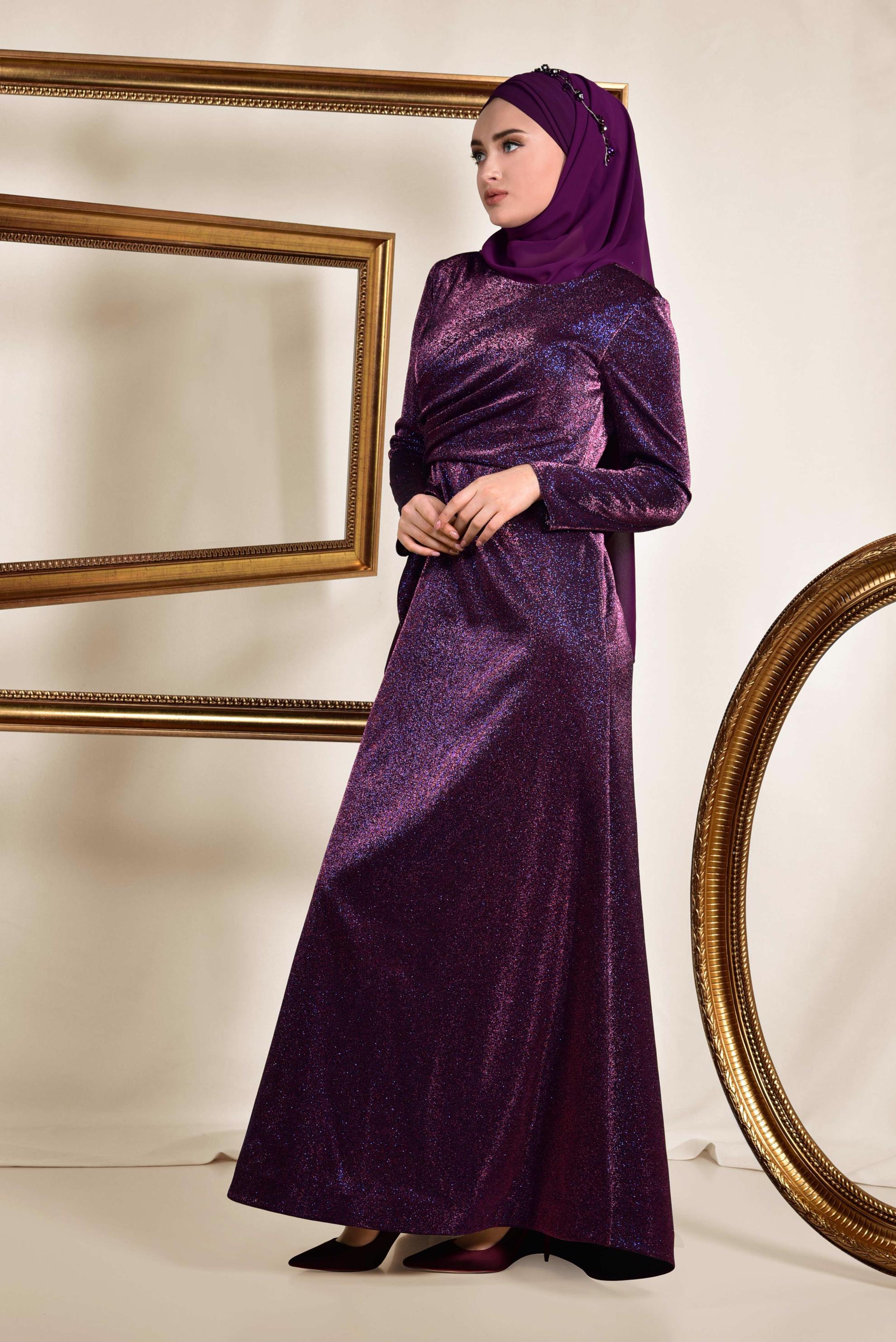 Tesettür giyim MÜRDÜM YANI FIRFIRLI SİMLİ ABİYE ELBİSE 5576