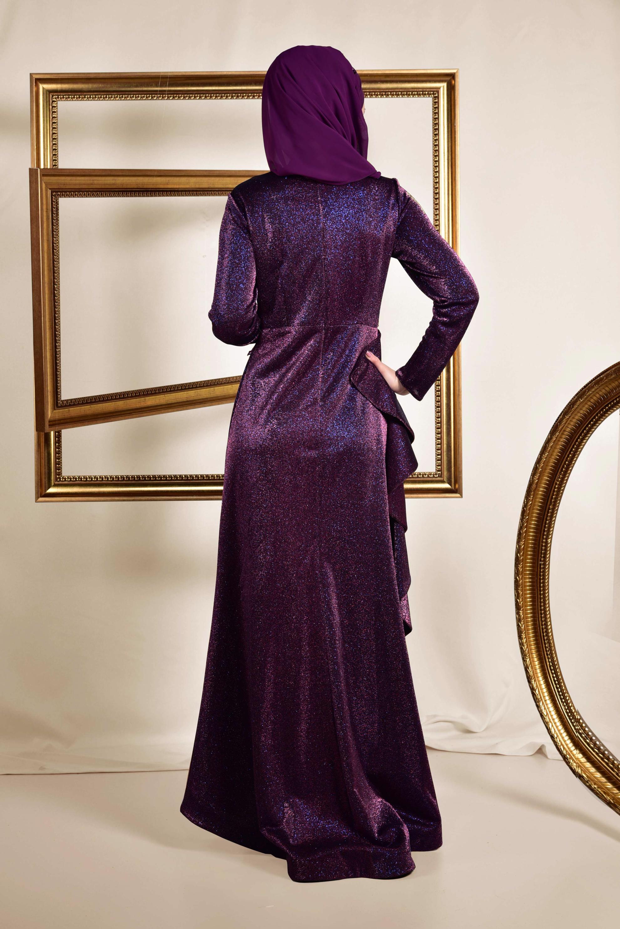 Tesettür giyim MÜRDÜM YANI FIRFIRLI SİMLİ ABİYE ELBİSE 5576