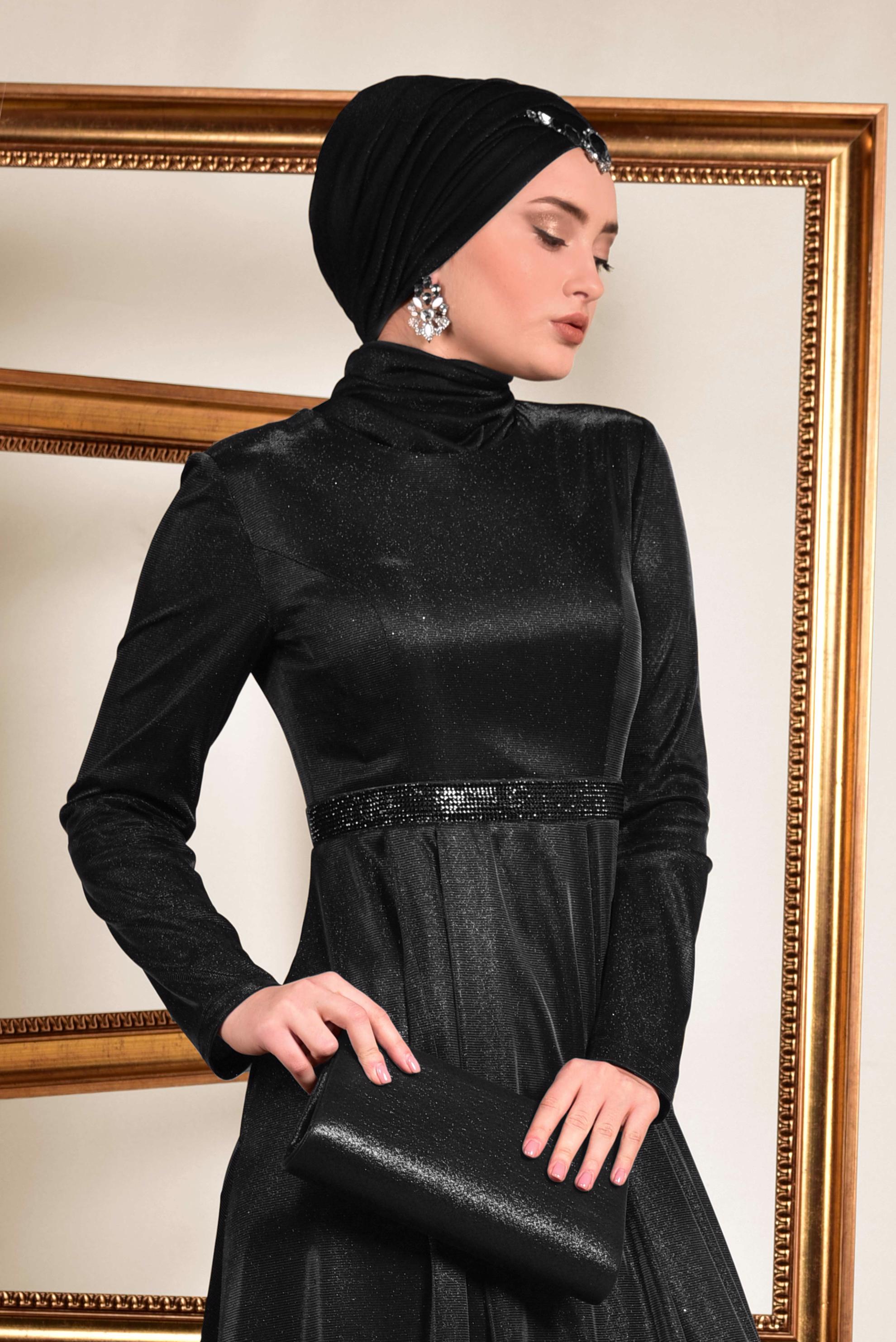 Tesettür giyim SİYAH SİM DETAYLI ABİYE ELBİSE 5577