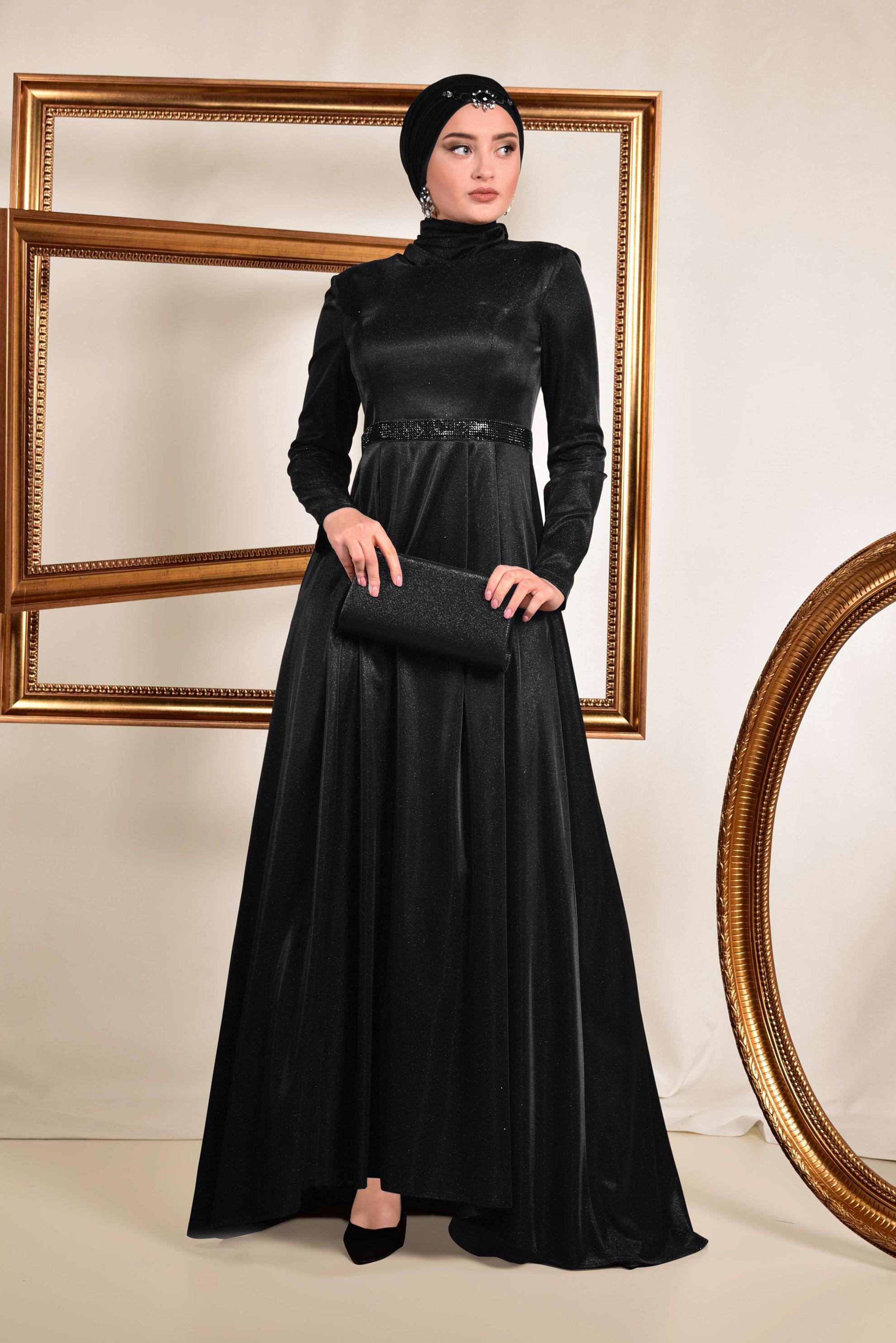 Tesettür giyim SİYAH SİM DETAYLI ABİYE ELBİSE 5577