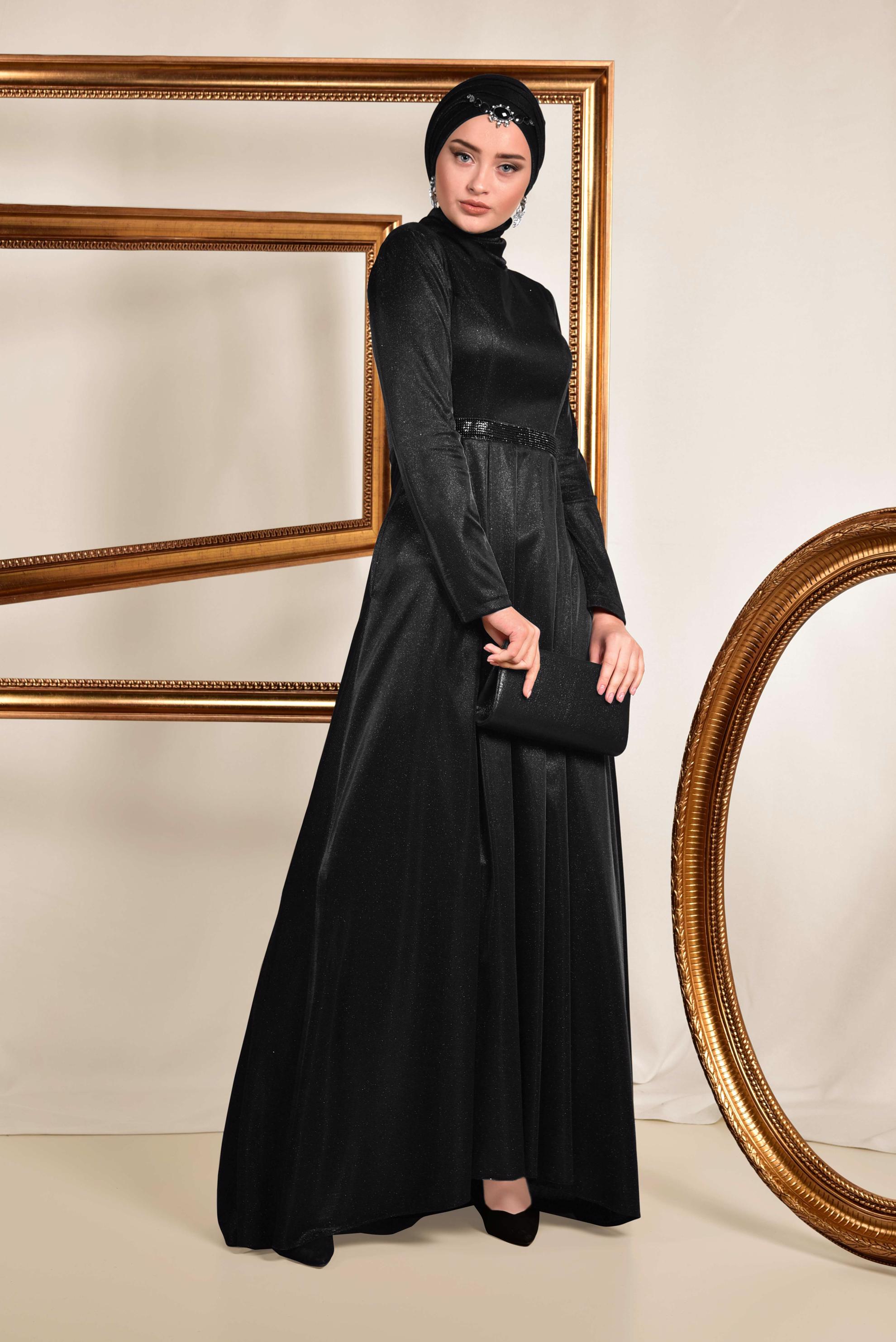 Tesettür giyim SİYAH SİM DETAYLI ABİYE ELBİSE 5577