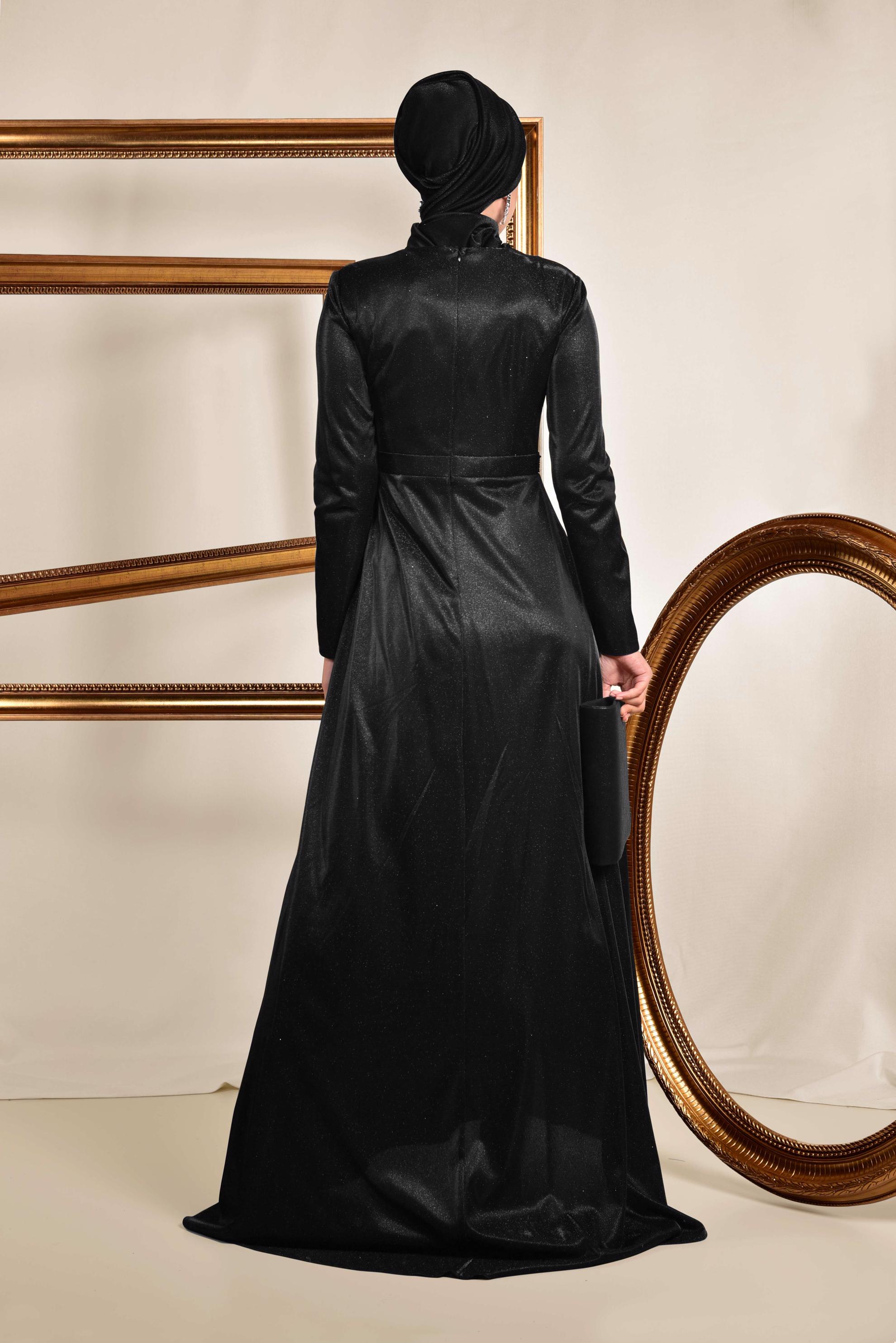 Tesettür giyim SİYAH SİM DETAYLI ABİYE ELBİSE 5577