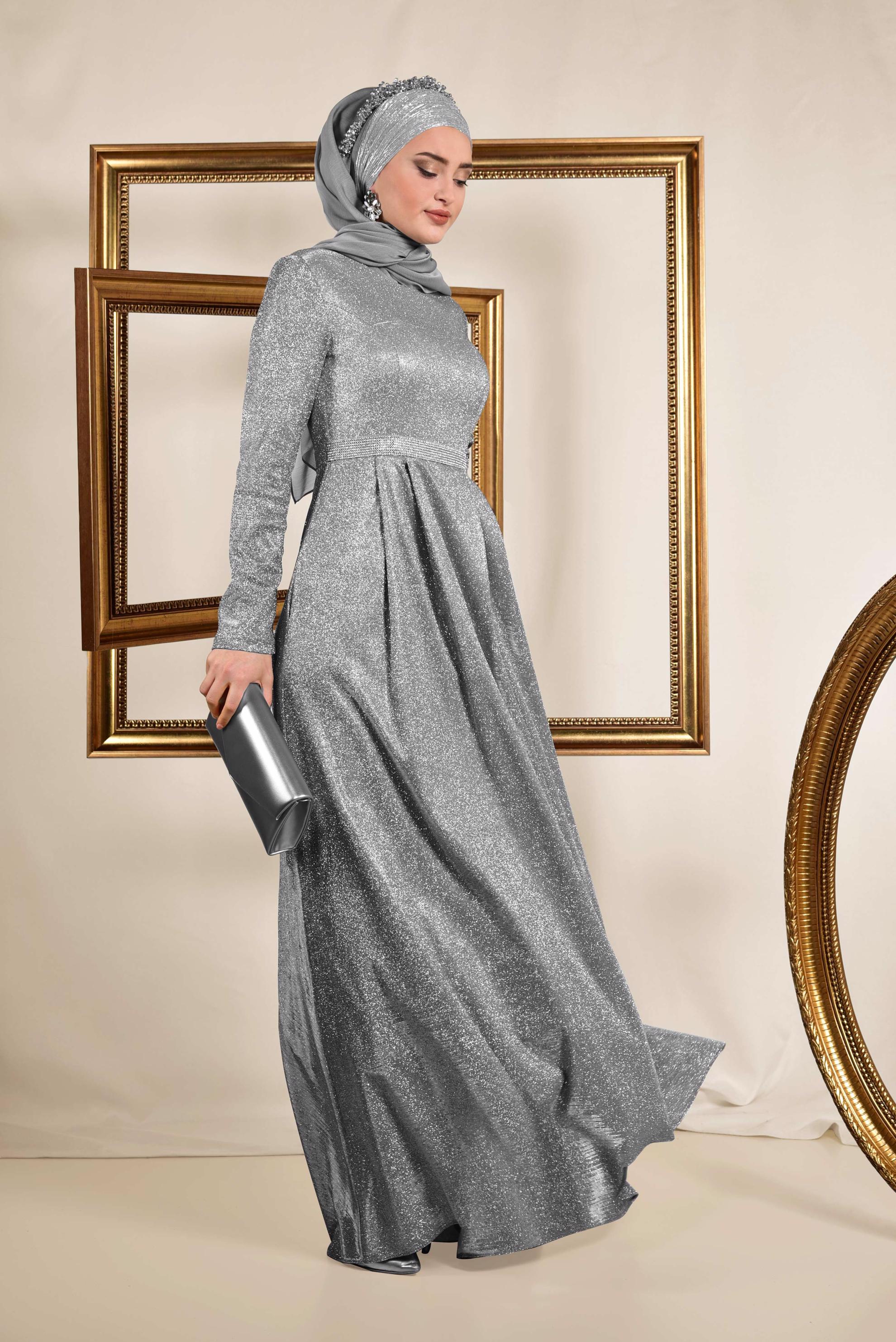 Tesettür giyim GÜMÜŞ SİM DETAYLI ABİYE ELBİSE 5577