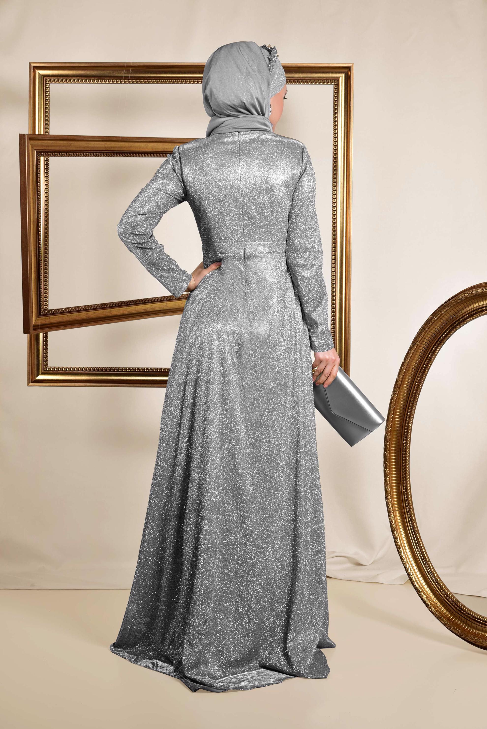 Tesettür giyim GÜMÜŞ SİM DETAYLI ABİYE ELBİSE 5577