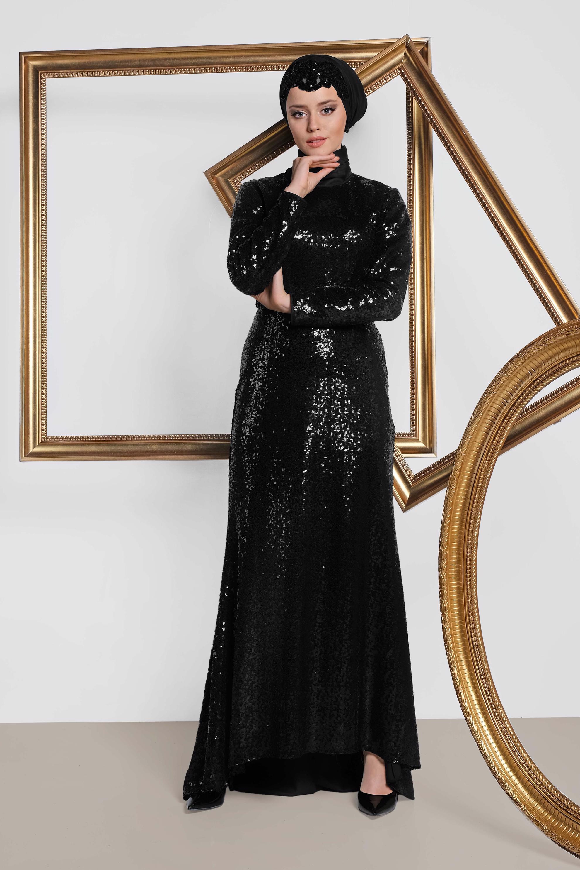 Tesettür giyim SİYAH KEMER DETAYLI PUL PAYET ABİYE ELBİSE 5578 