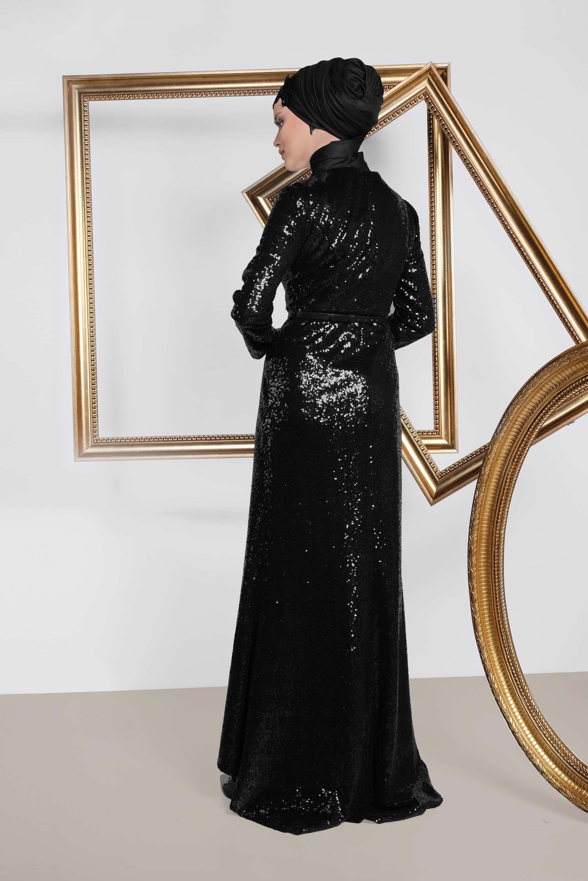 Tesettür giyim SİYAH KEMER DETAYLI PUL PAYET ABİYE ELBİSE 5578 