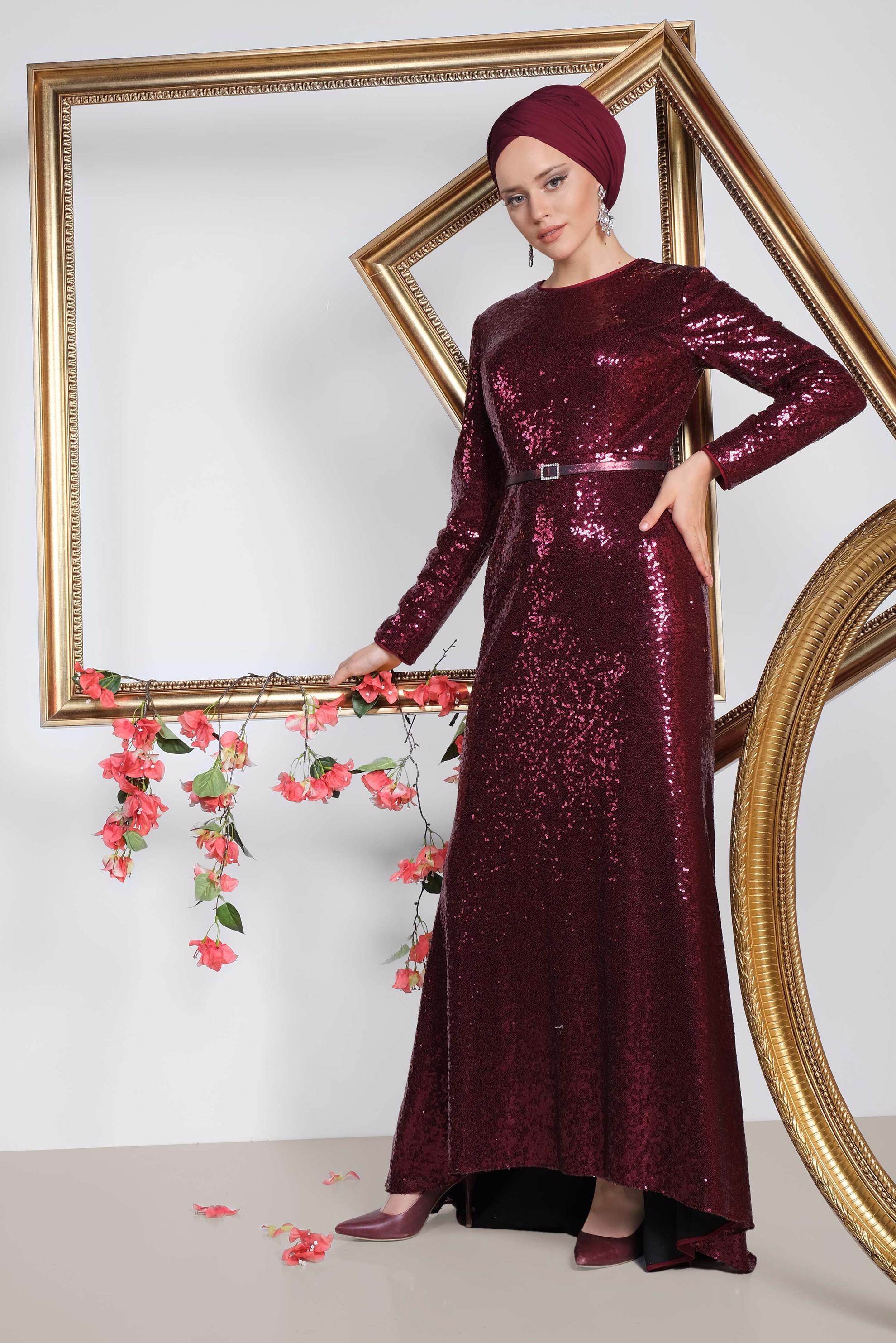 Tesettür giyim BORDO KEMER DETAYLI PUL PAYET ABİYE ELBİSE 5578 