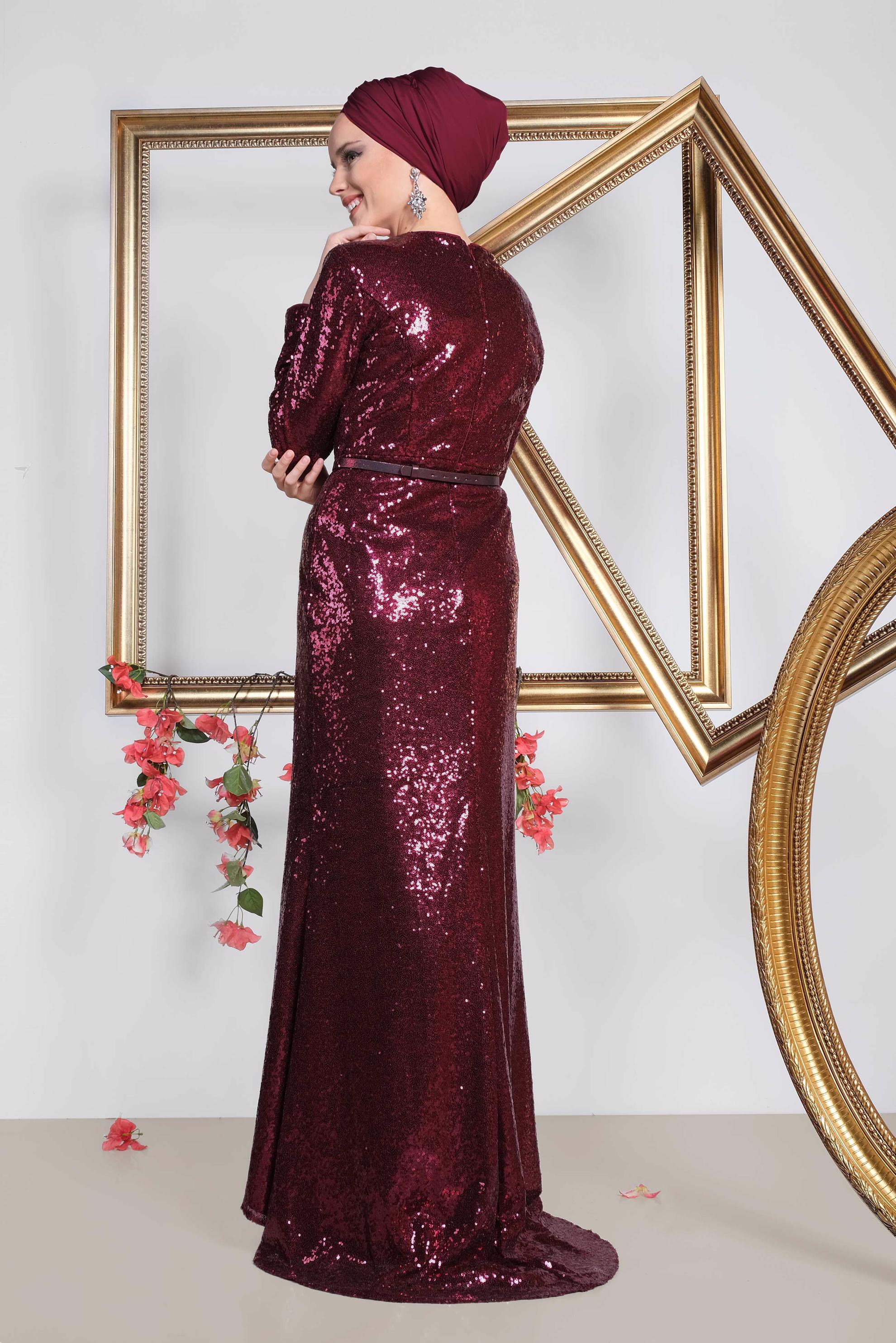 Tesettür giyim BORDO KEMER DETAYLI PUL PAYET ABİYE ELBİSE 5578 