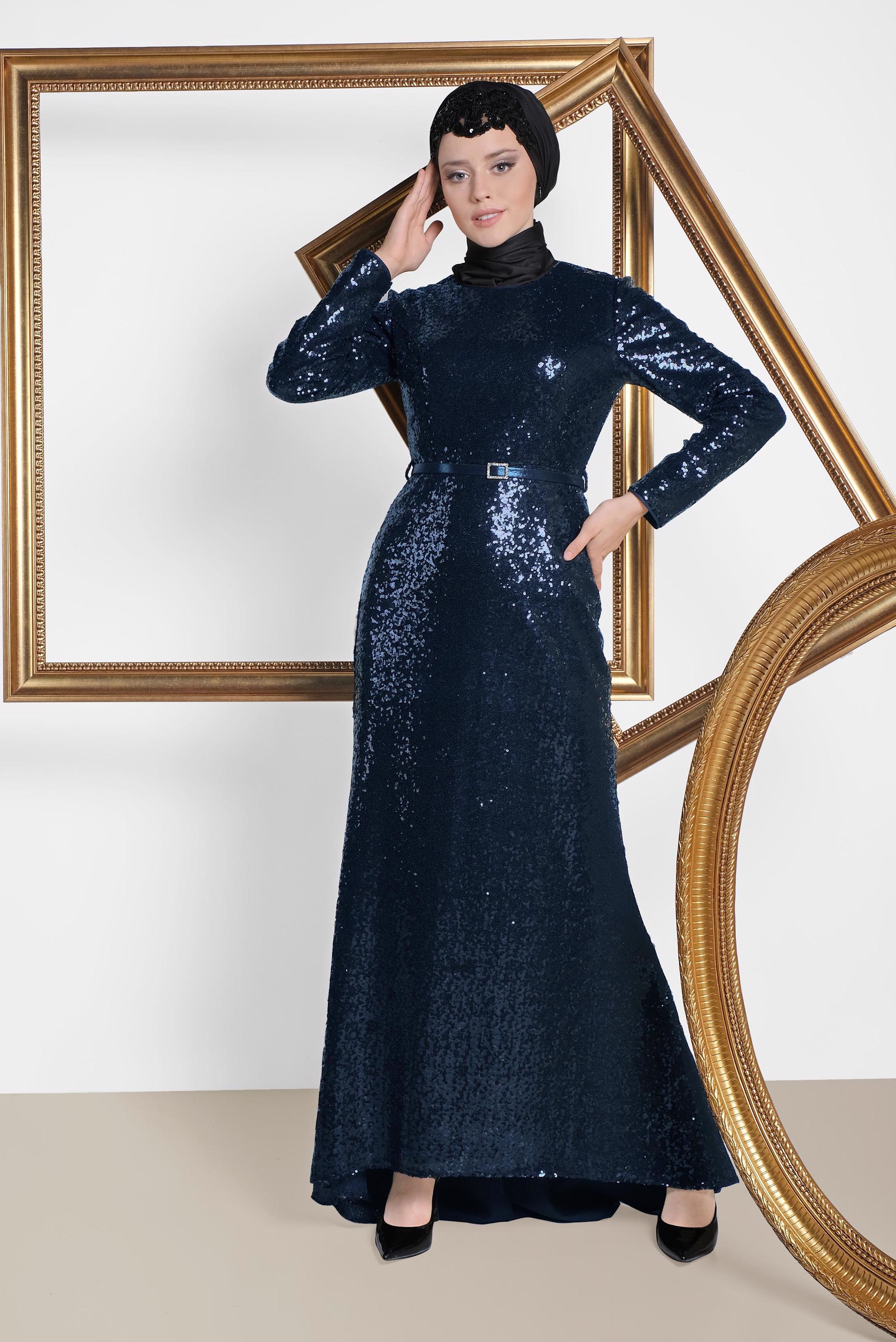 Tesettür giyim LACİVERT KEMER DETAYLI PUL PAYET ABİYE ELBİSE 5578 