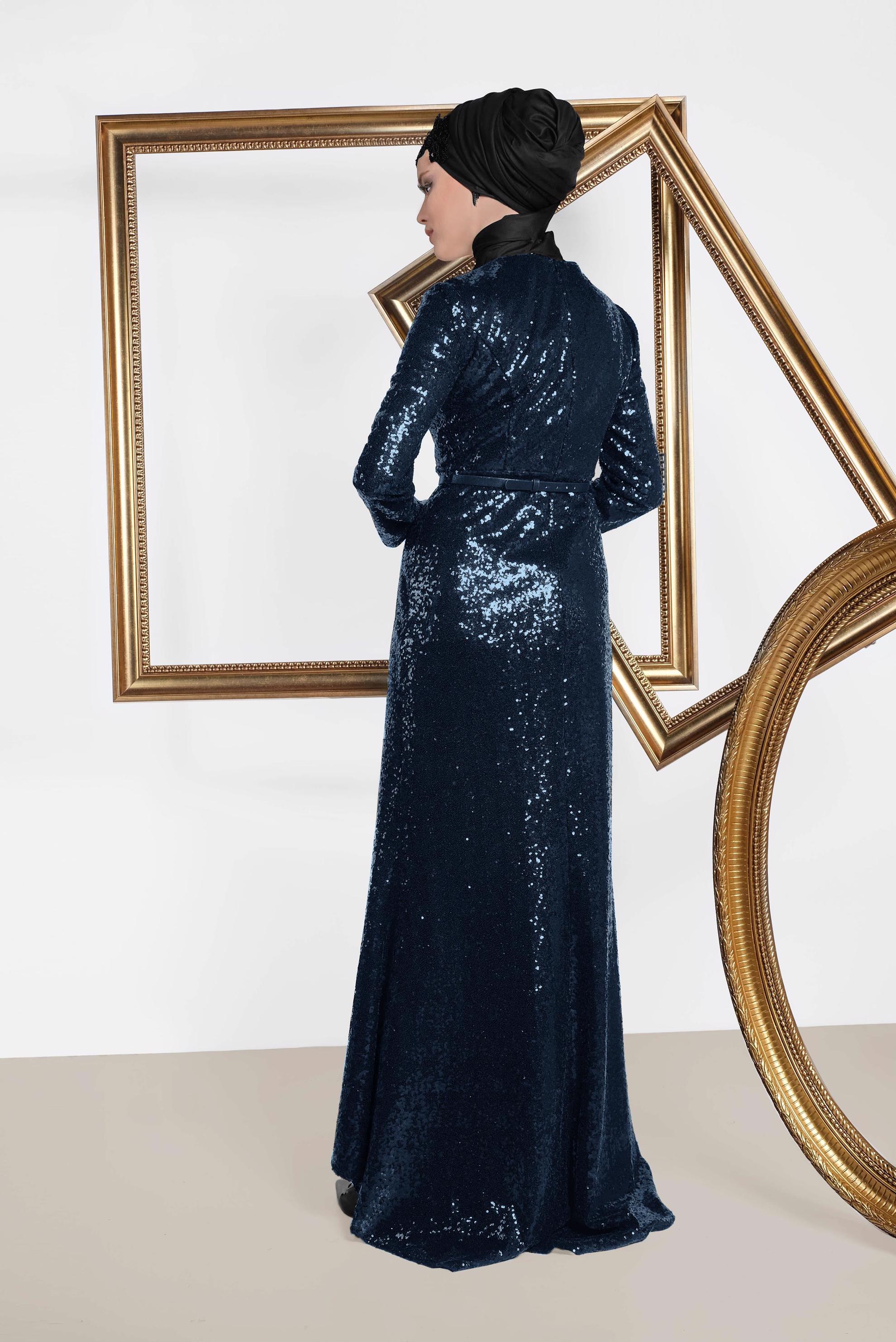 Tesettür giyim LACİVERT KEMER DETAYLI PUL PAYET ABİYE ELBİSE 5578 