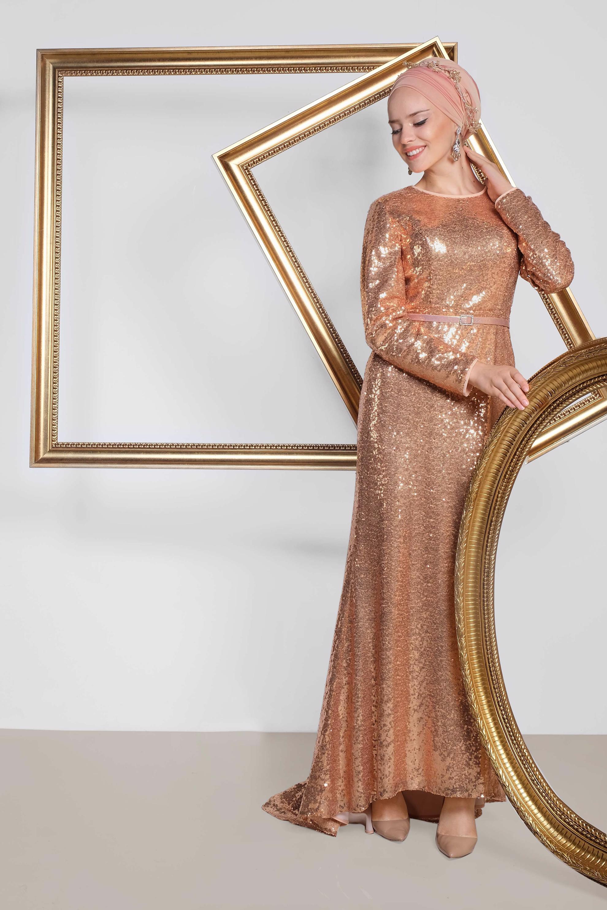 Tesettür giyim PUDRA KEMER DETAYLI PUL PAYET ABİYE ELBİSE 5578 