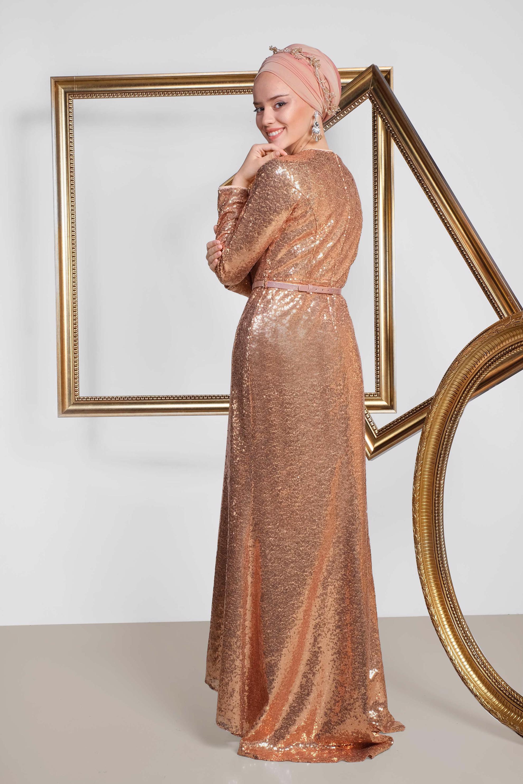 Tesettür giyim PUDRA KEMER DETAYLI PUL PAYET ABİYE ELBİSE 5578 