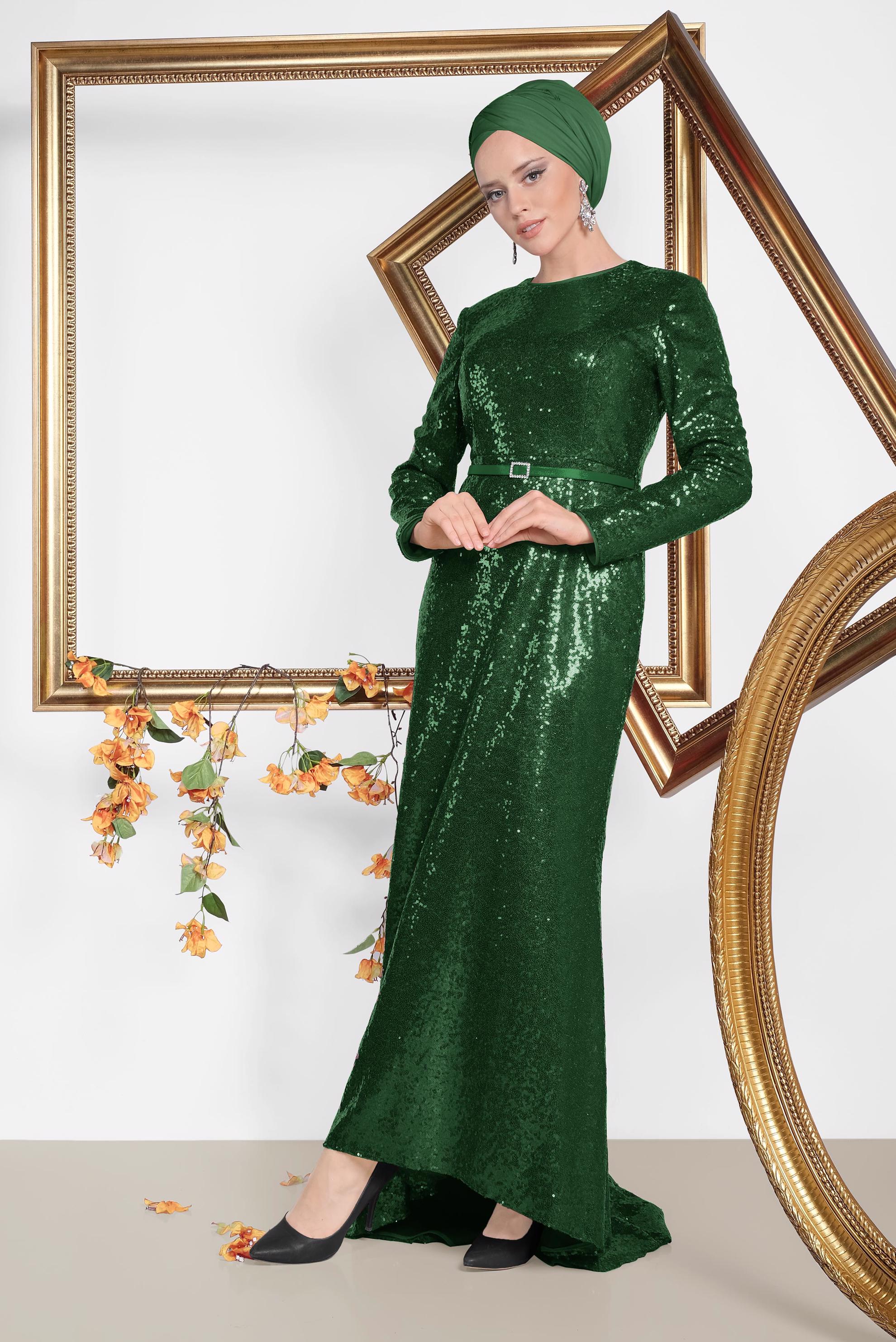 Tesettür giyim YEŞİL KEMER DETAYLI PUL PAYET ABİYE ELBİSE 5578 