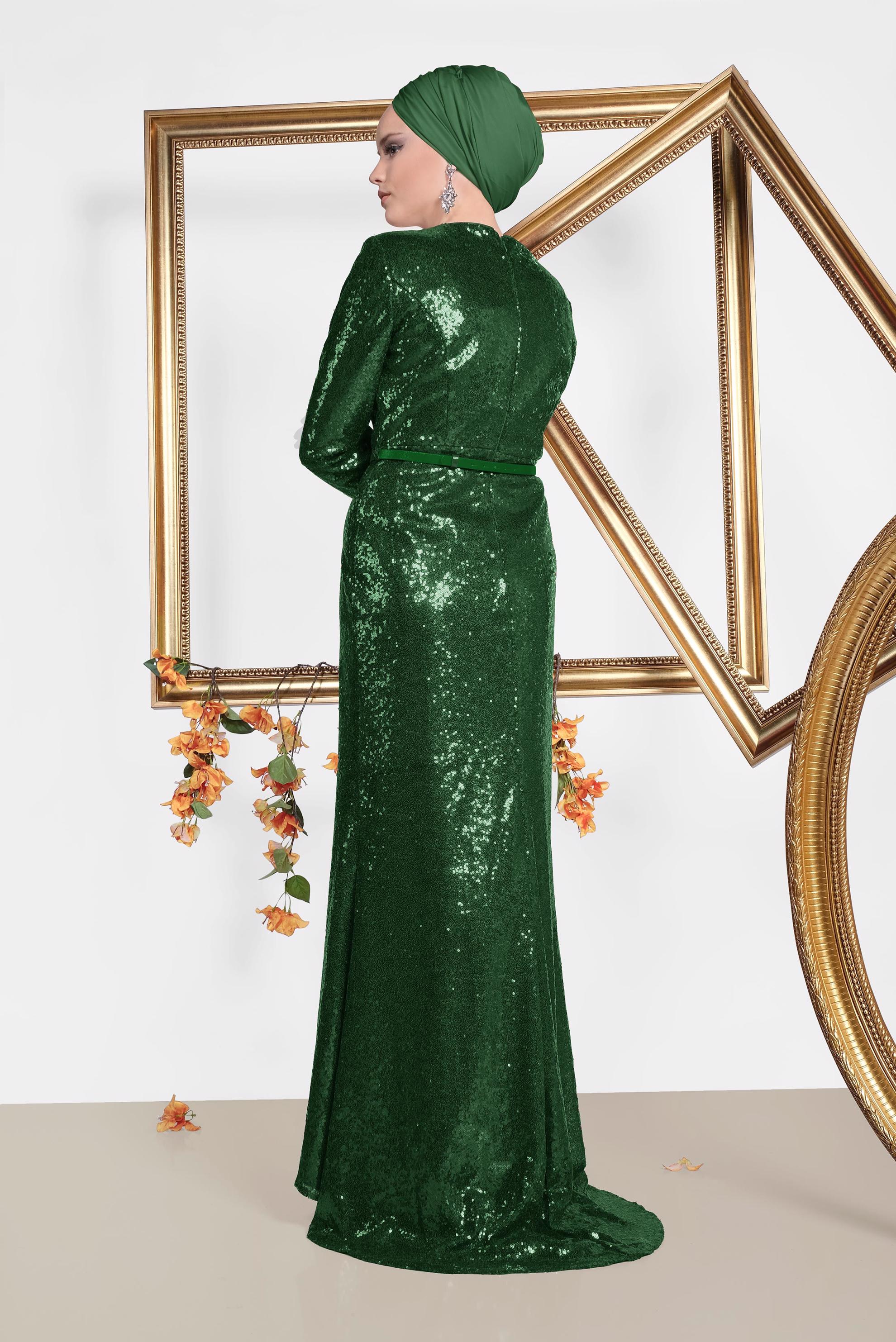 Tesettür giyim YEŞİL KEMER DETAYLI PUL PAYET ABİYE ELBİSE 5578 