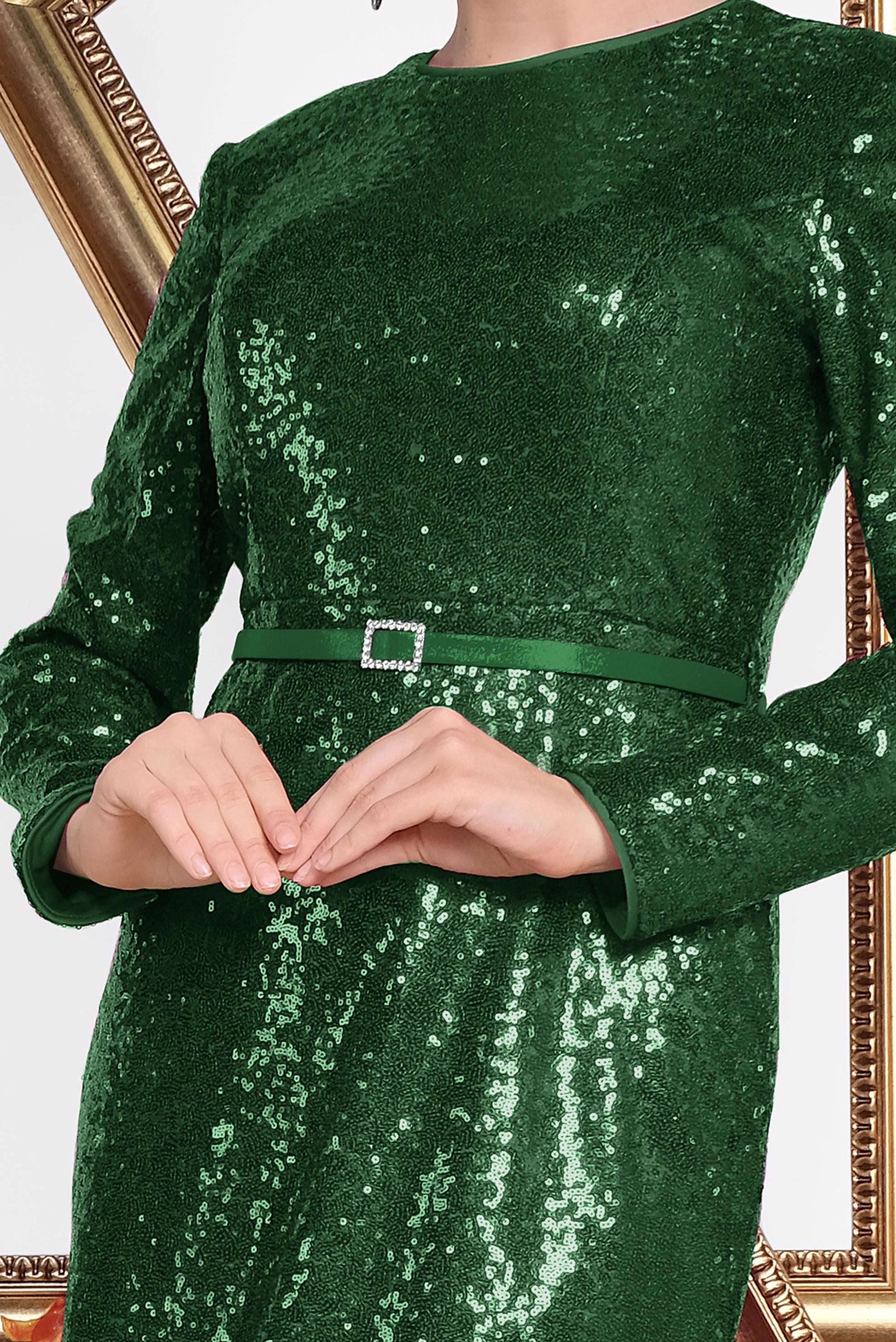 Tesettür giyim YEŞİL KEMER DETAYLI PUL PAYET ABİYE ELBİSE 5578 