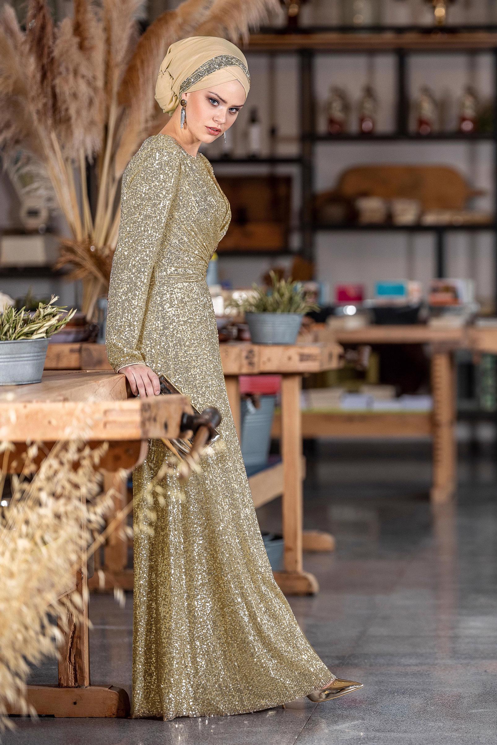 Tesettür giyim BEJ KRUVAZE PUL PAYET ABİYE ELBİSE 5580